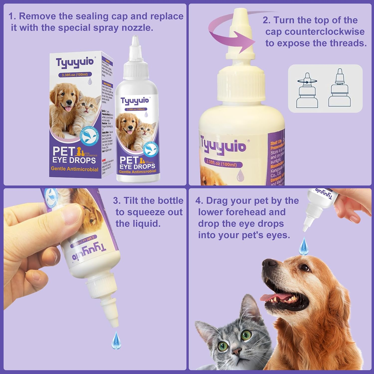 Pet Eye Drops for Dogs and Cats to Soothe Eyes Irritation & Infection Allergy,Relieve Dogs Cats Dry Eyes Pink Eyes,Pet Tear Stain Cleaner,Safe & Gentle Formula for All Animals 3.38Oz image number 4