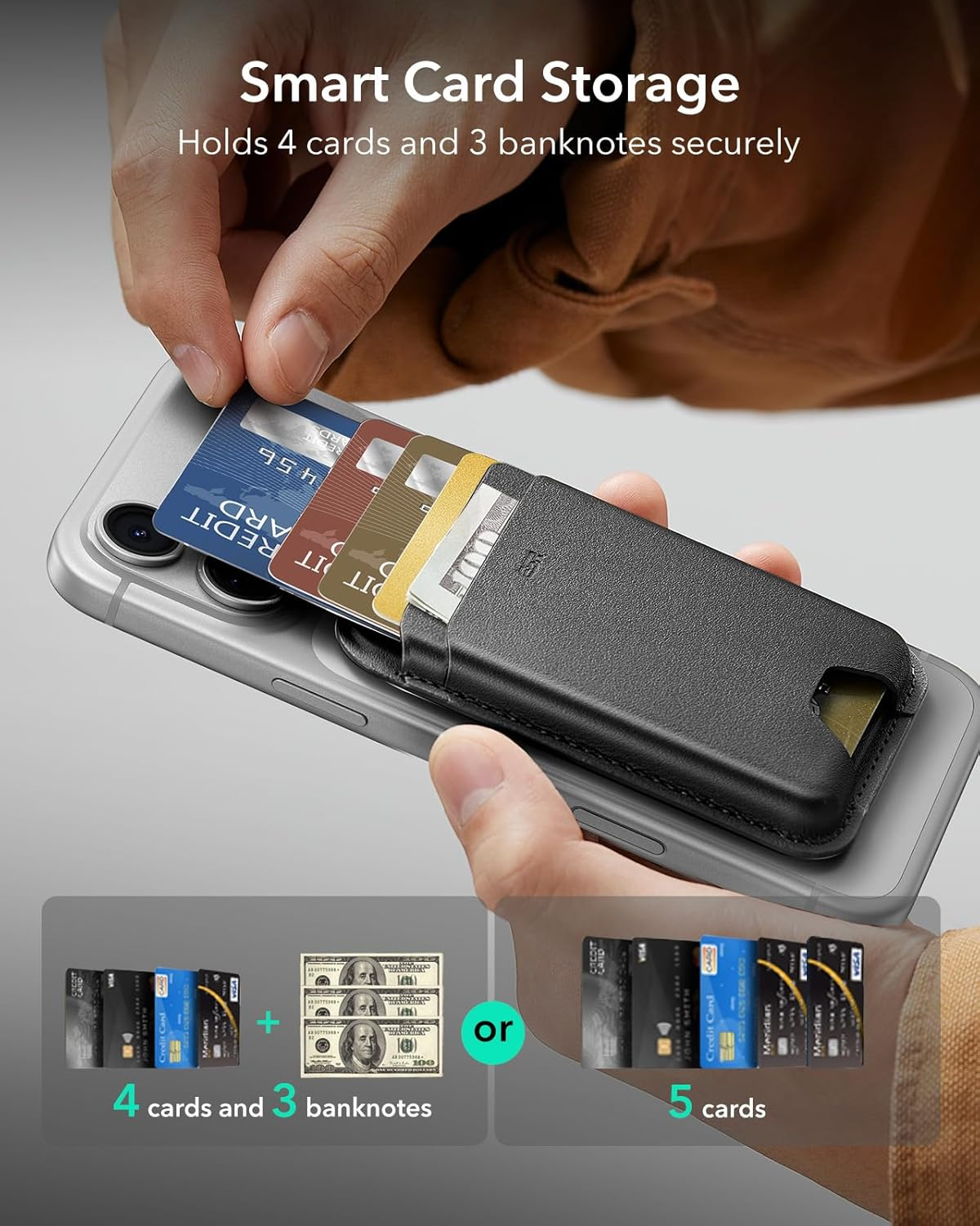 ESR for Magsafe Wallet, 5-Card Holder with RFID Blocking, Magsafe Sticker Included, Slim Magnetic Wallet for Iphone 17/16/15/14/13/12 Series and Selected Samsung Devices, Not for 13/12 Mini, Black image number 5