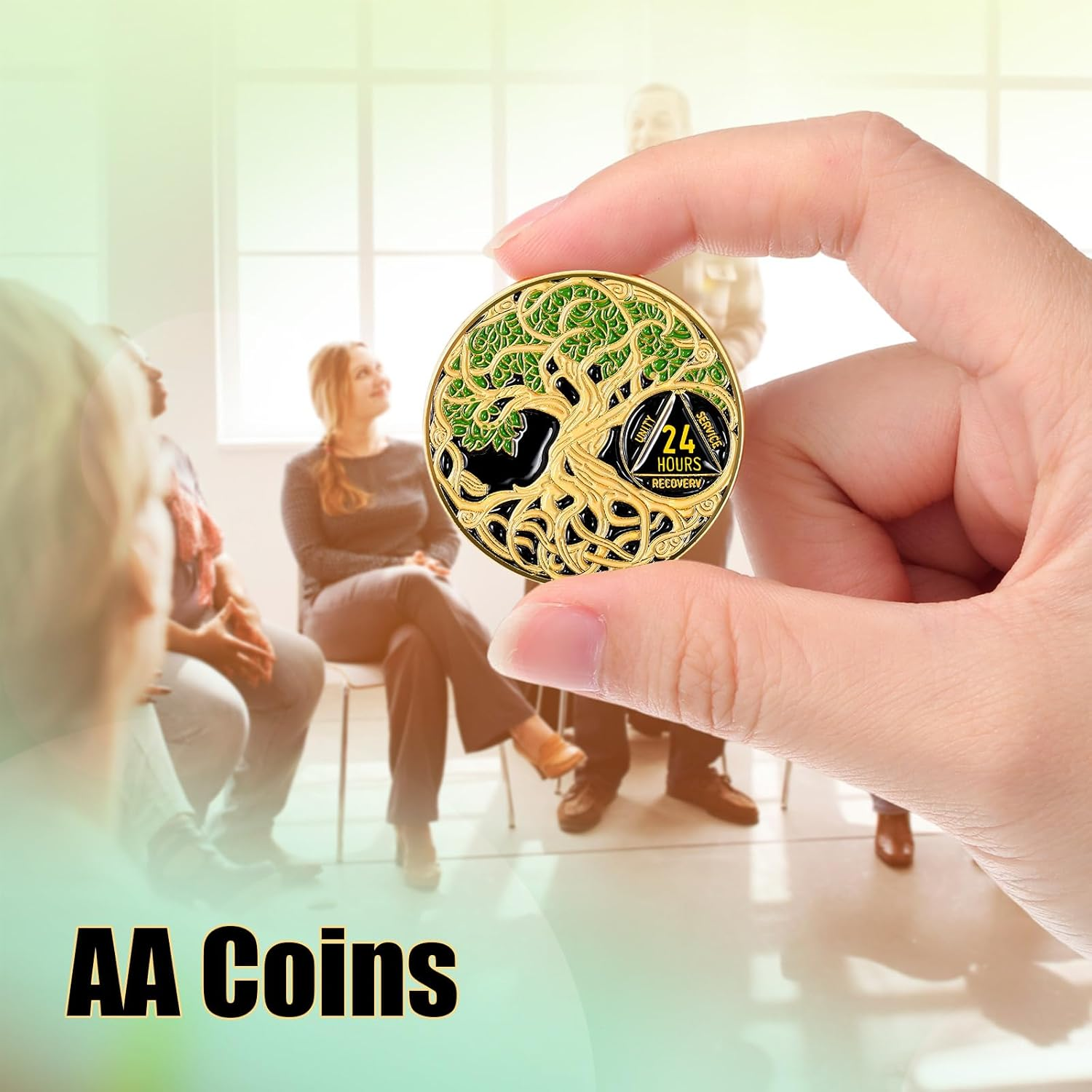 Ferreve Sobriety Coin Recovery Anniversary Token Sobriety Gifts AA Chips and Medallions for Women Men(Green,24 Hour) image number 2