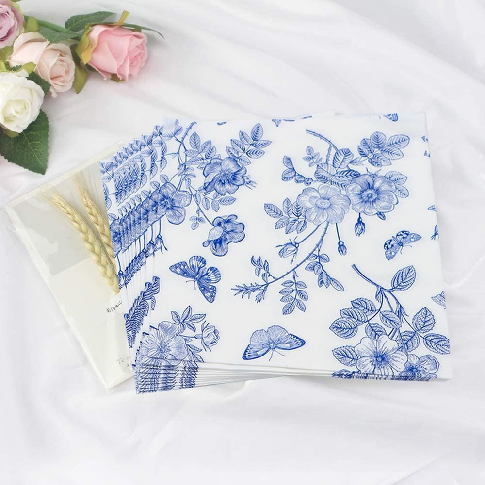 40 Pack Blue White Floral Luncheon Napkins - Fancy Dessert Paper Napkins for Tea Party, Baby Shower, Birthday Party Supplies Decor - Blue image number 3