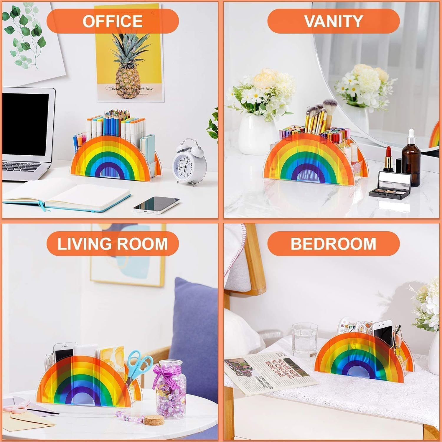 Pen Holder, Clear Desk Organizer, Pen Organizer for Desk, Cute 5 Compartments Pencil Holder, Desktop Stationery Organizer for Office Storage/School/Art Supplies/Home, Rainbow Colour image number 6