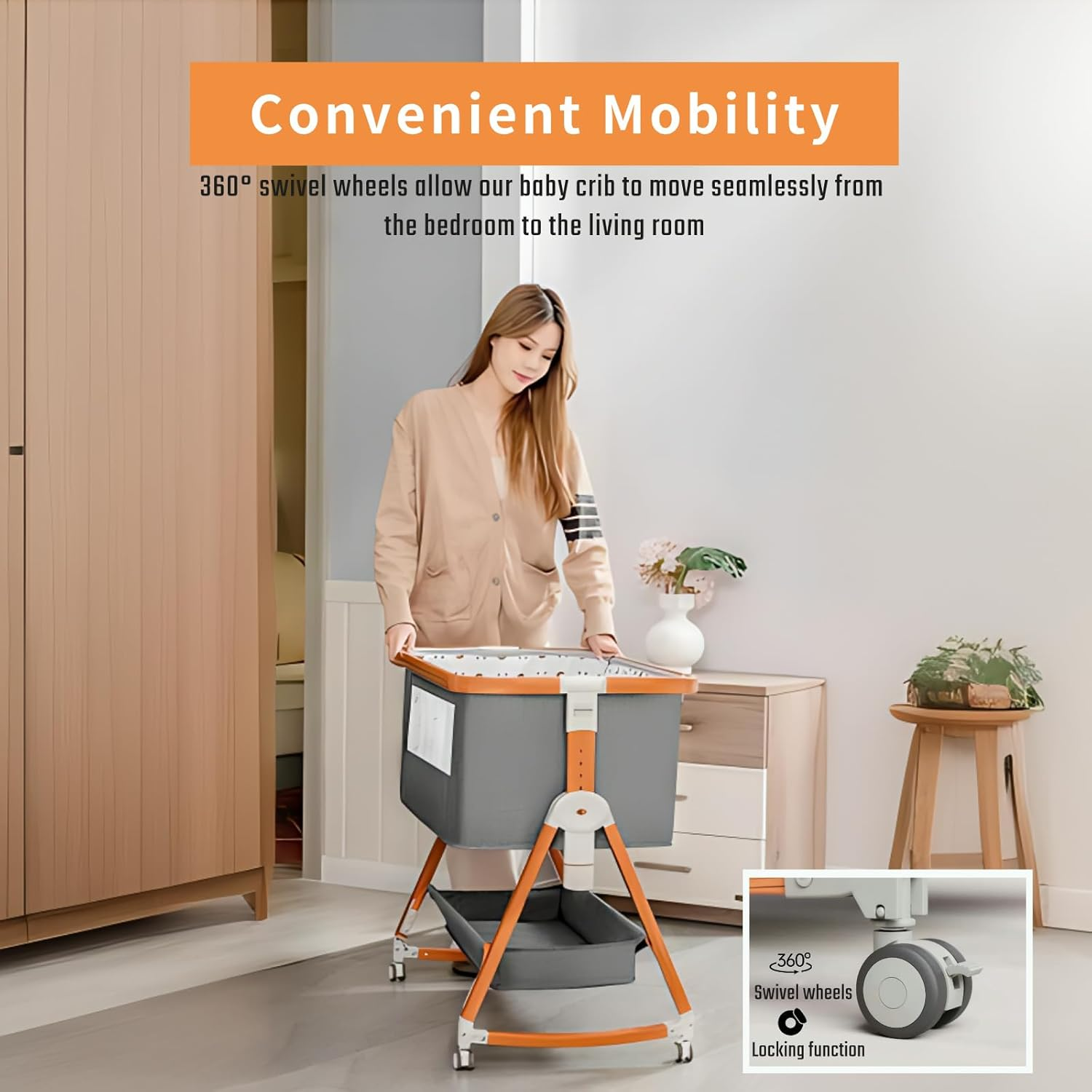 Gdaytao Baby Bassinet Bedside Sleeper - 4 in 1 Baby Cot, Highly Visible Co-Sleeper Bassinet, 6 Levels Adjustable Height Baby Bed with Mosquito Net, Foldable Baby Crib with Mattress & Storage Basket image number 3