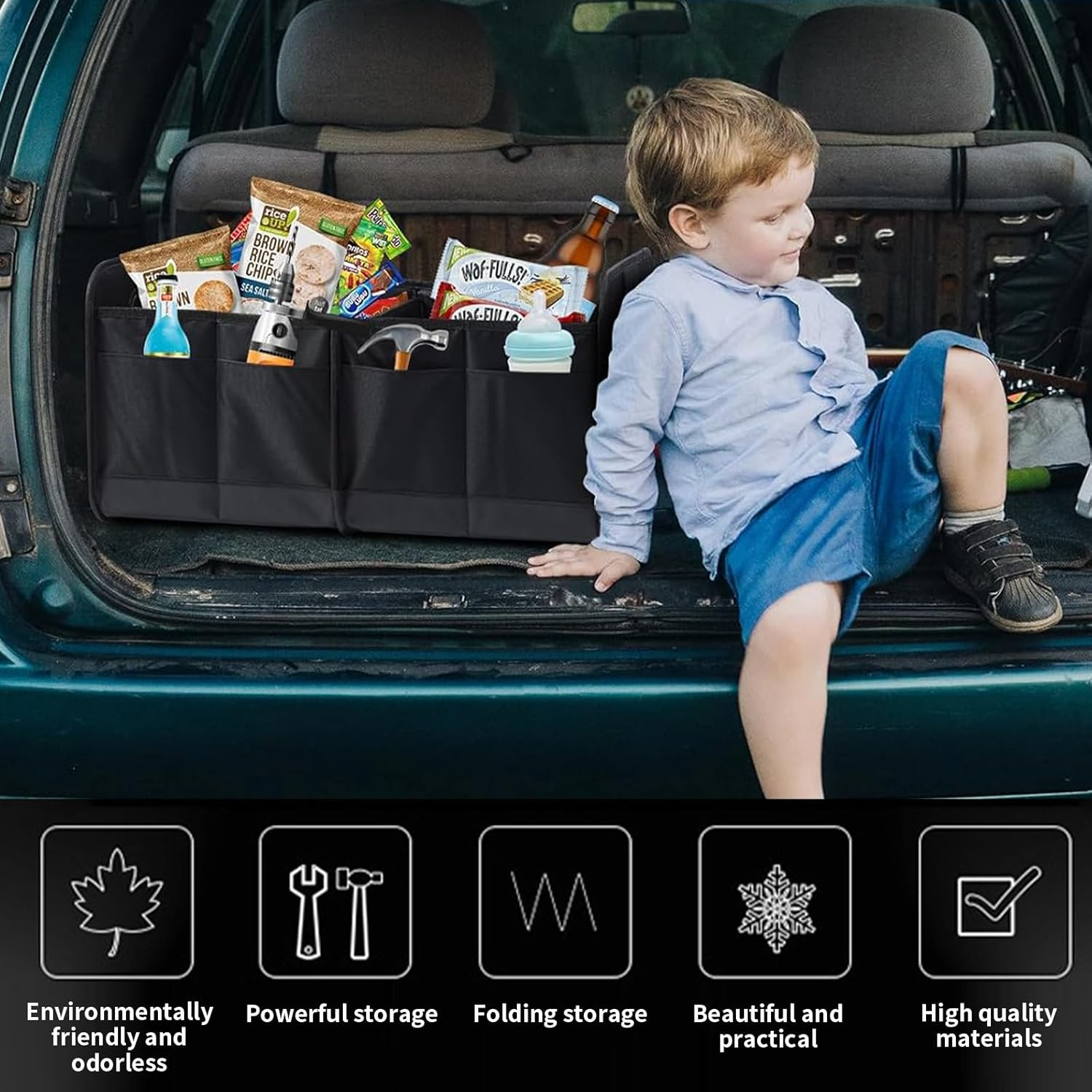 Car Trunk Organizer for SUV, RV & ORV, Super Capacity Collapsible Vehicle Boot Storage Bag with Adjustable Compartments, Reinforced Handles Design, Trunk Tidy Cargo Organizer for Storage (1PCS) image number 2