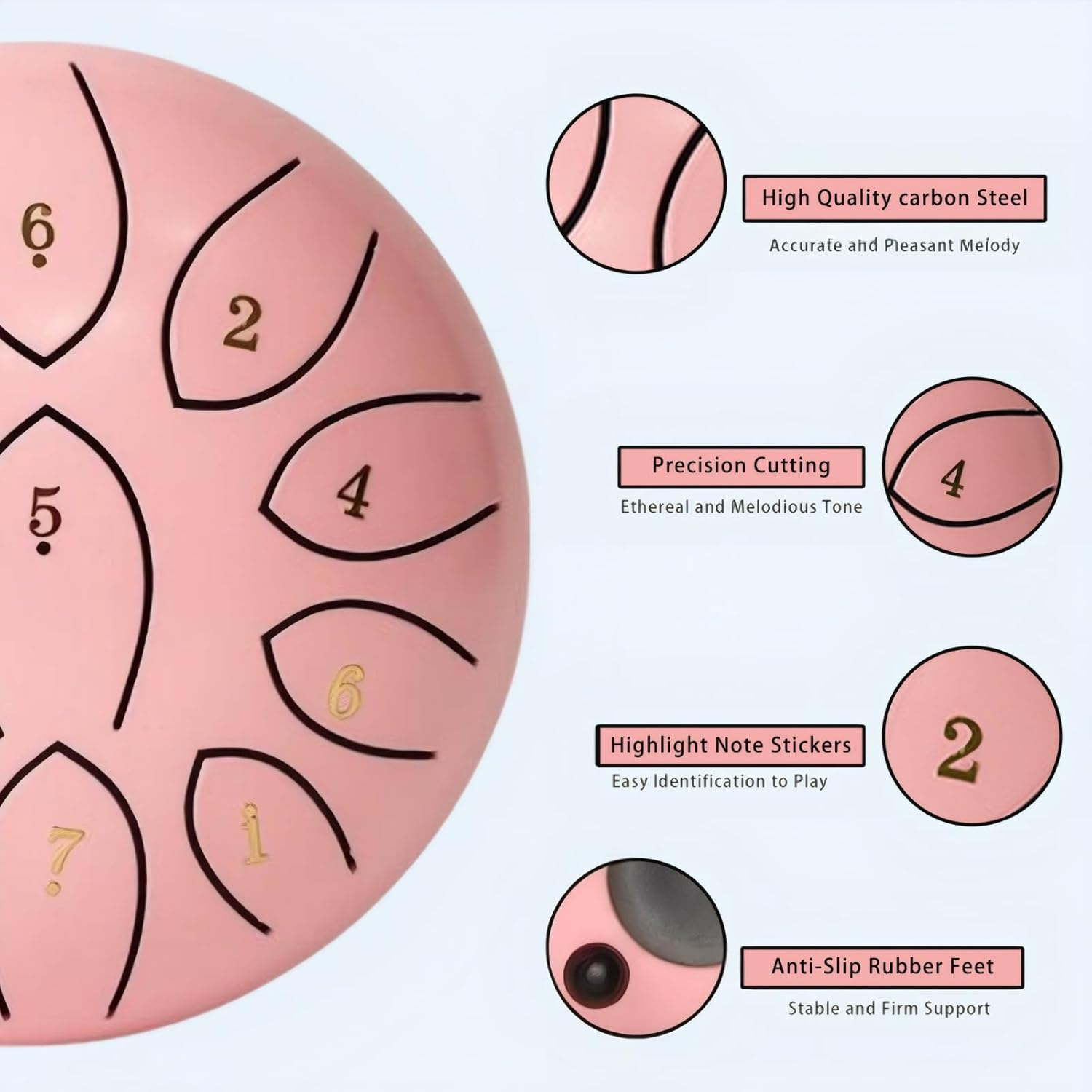 Outdoor Rain Drum, 6-Inch 11 Tone, Waterproof, Zen Yoga Gift, Music Book, Storage Bag, Hammer and Fingers Picks (Pink) image number 4