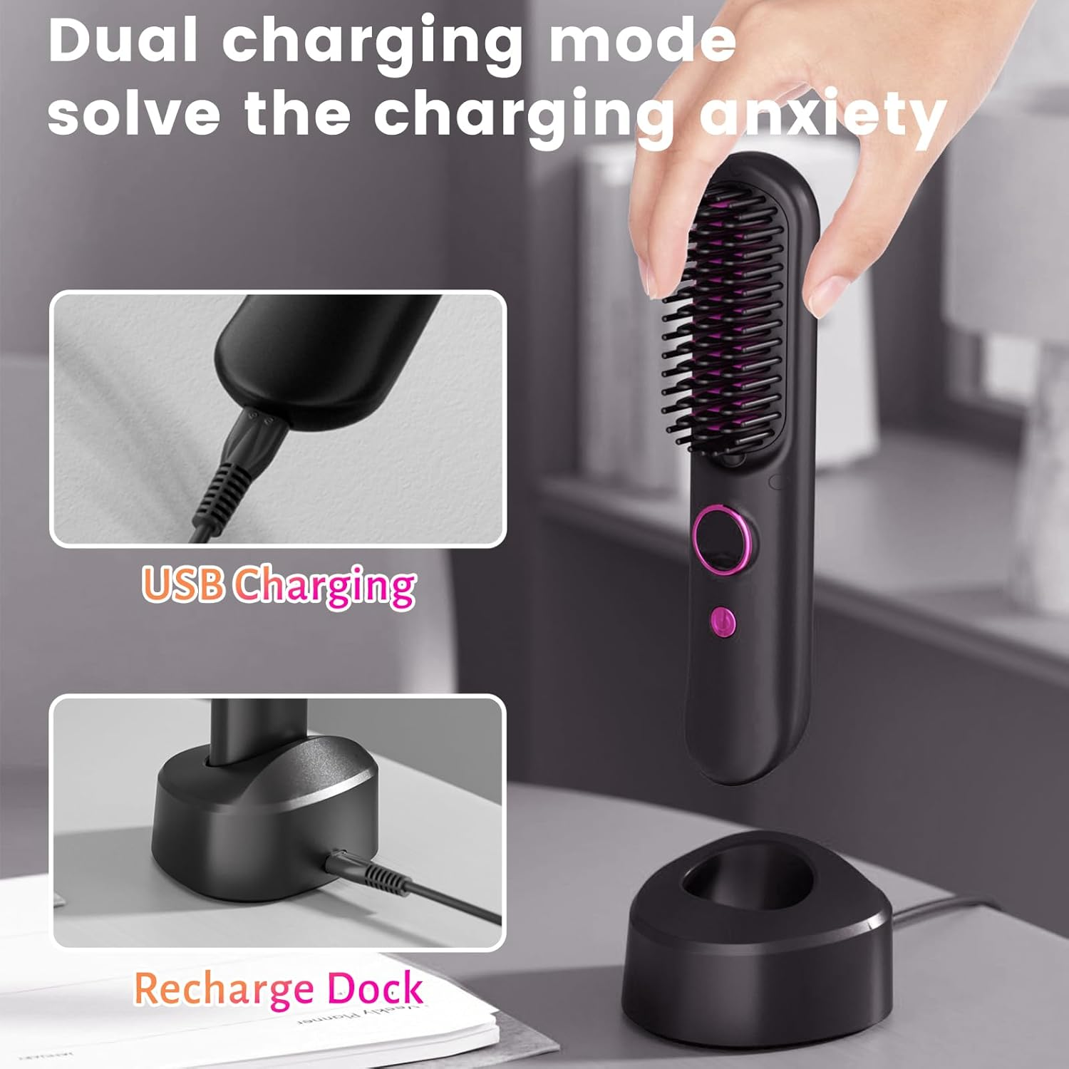 Biupky Cordless Hair Straightener Brush, Portable Hair Straightener Comb with 50 Million Negative Ion and Protein, Type-C Rechargeable Travel Hair Straightener with 9 Temp Settings & Led Display