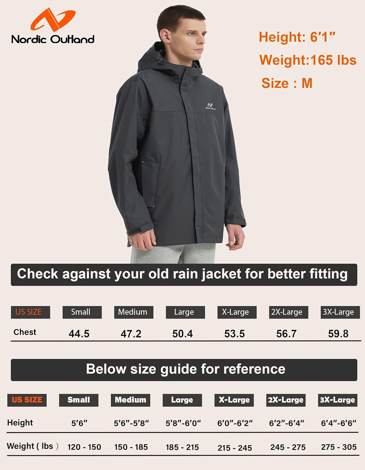 NORDIC OUTLAND Mens Ultra Lightweight Hooded Waterproof Rain Jacket Breathable Raincoat Shell for Hiking Fishing Walking Dogs image number 3