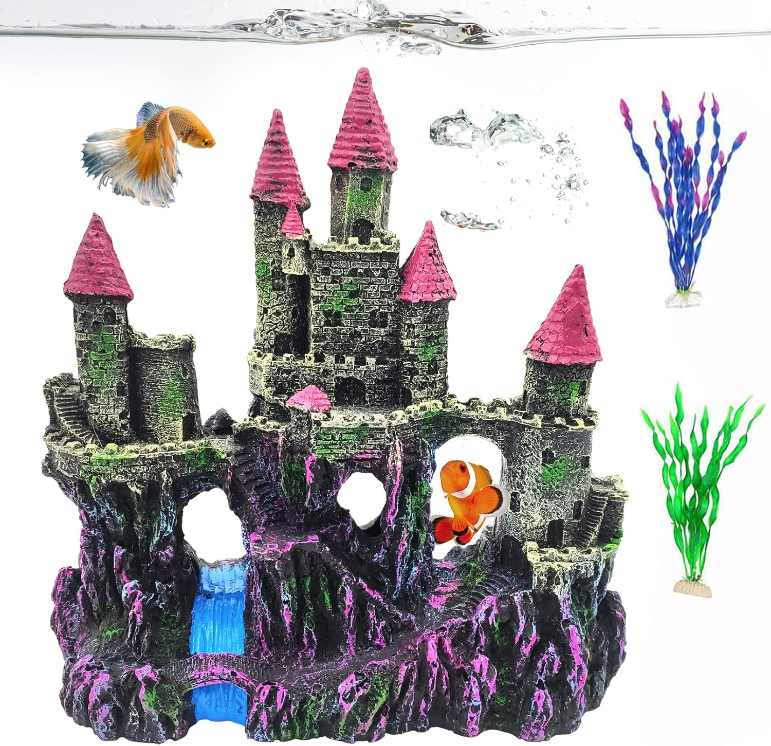 PINVNBY Aquarium Resin Castle Decoration Fish Tank Driftwood Castle Cave Hideouts House Plants Supplies Accessories(Purple)