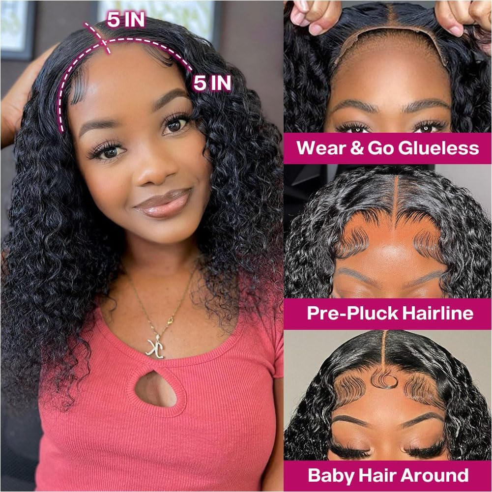 Ailwelia Curly Bob Wig Human Hair Deep Wave Glueless Wigs Human Hair Pre Plucked Pre Cut 5X5 Wear and Go Glueless HD Lace Closure Wigs Human Hair for Black Women 200% Density Black Color 14 Inch image number 5