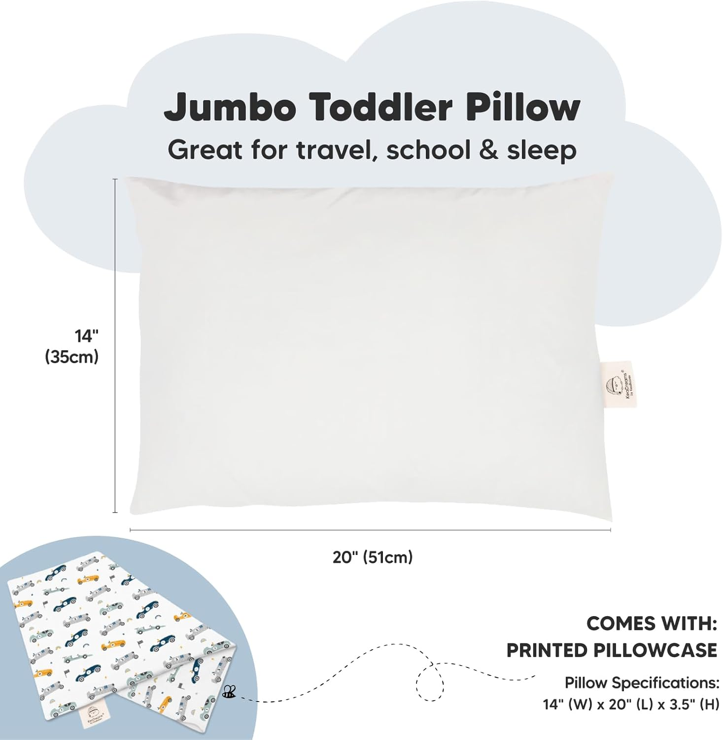 Keababies Toddler Pillow with Toddler Pillowcase, Jumbo 51X35Cm - Soft Organic Cotton Pillow, Kids Pillow for Sleeping, Machine Washable Pillows, Toddler Bed Pillows, Travel Pillow (Racecars) image number 2