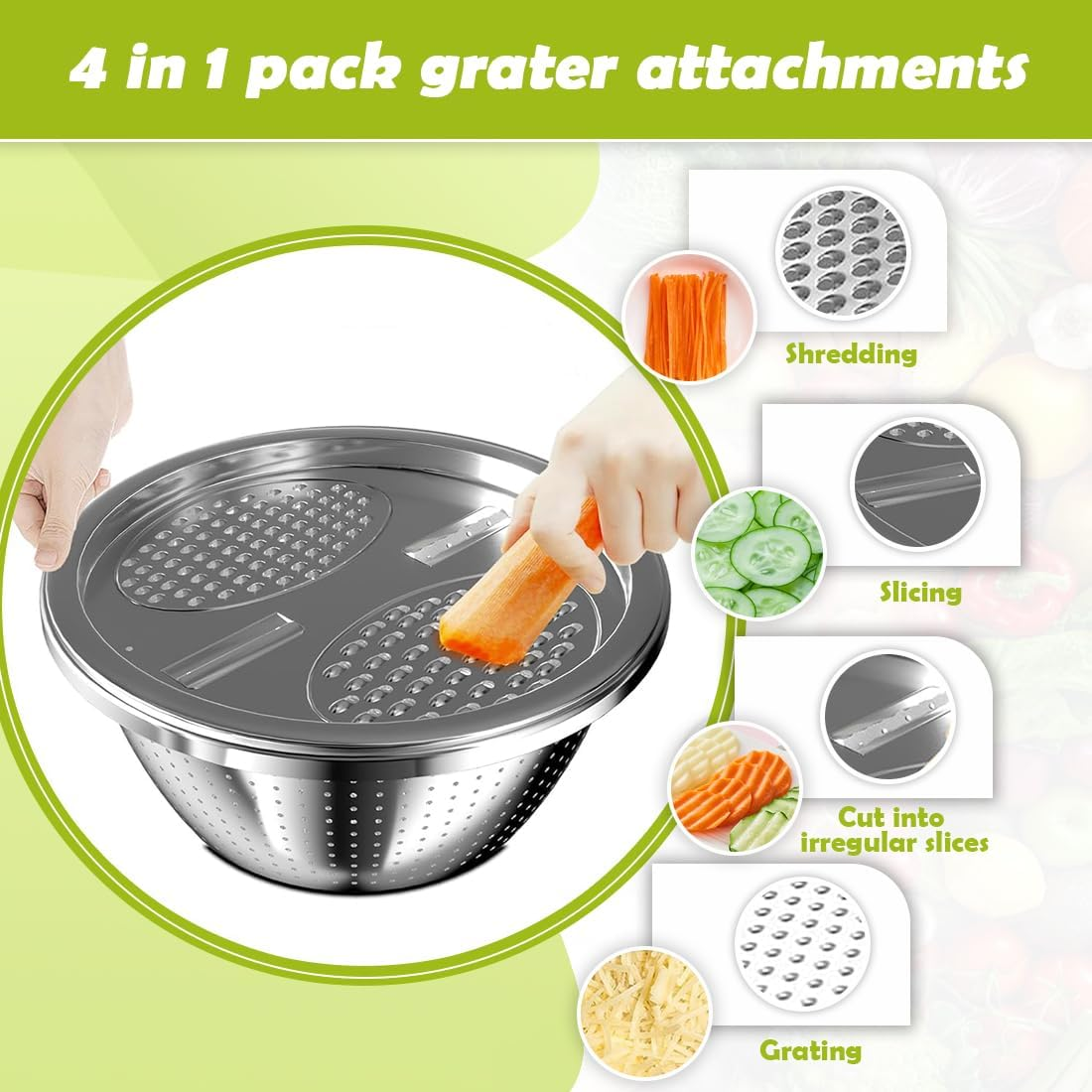 Stainless Steel Mixing Bowl Set with Airtight Lids, Non-Slip Base & Multi-Functional Colander, 3 Sizes (1.5, 2.5, 6 QT) for Baking, Cooking & Food Storage, Includes Grater Attachments image number 5