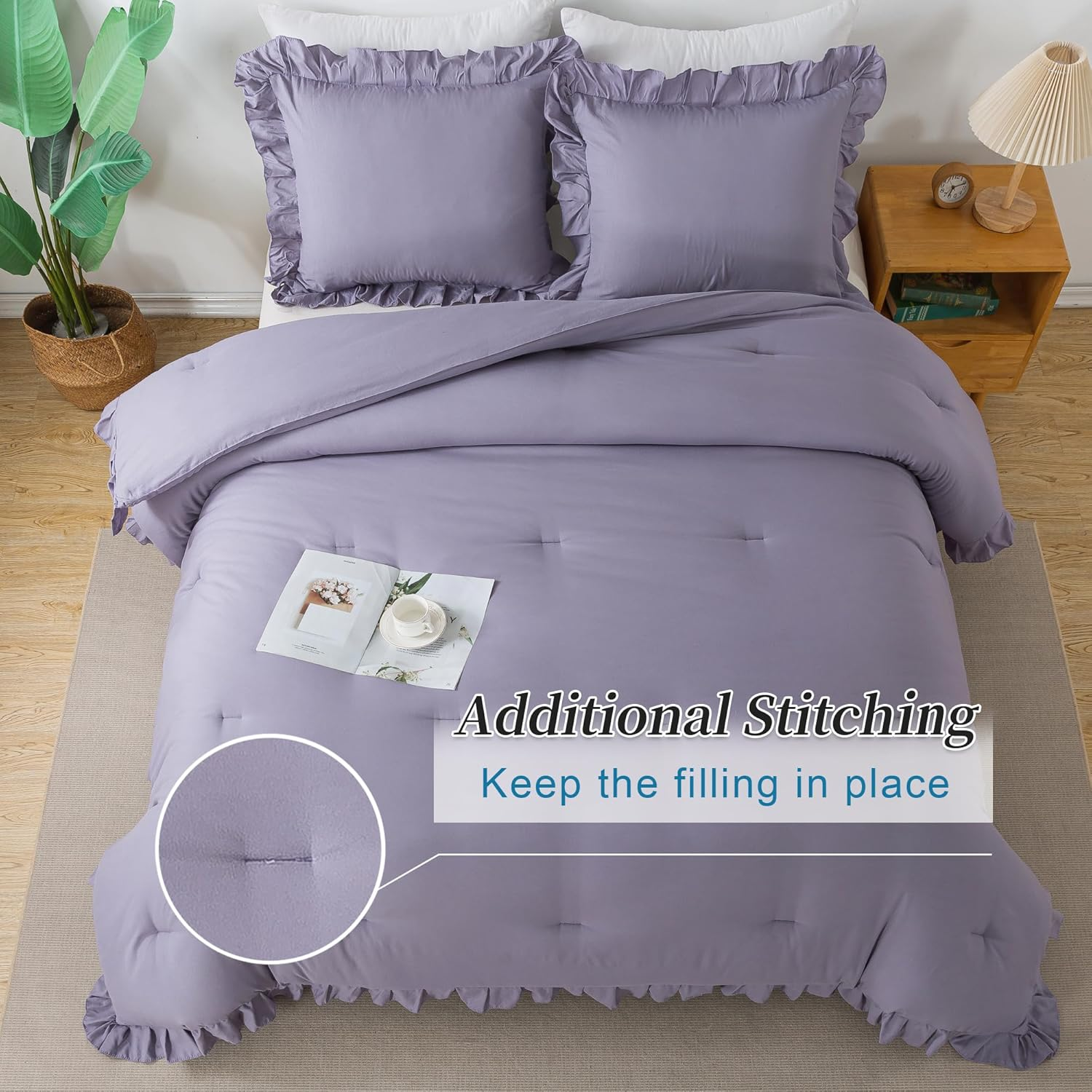 Andency Grayish Purple California King Comforter Set, 3 Pieces Cal King Ruffle Purple Comforter, Lightweight Oversized Farmhouse Shabby Chic Soft Microfiber Bedding Comforter Set (104X96Inch) image number 7
