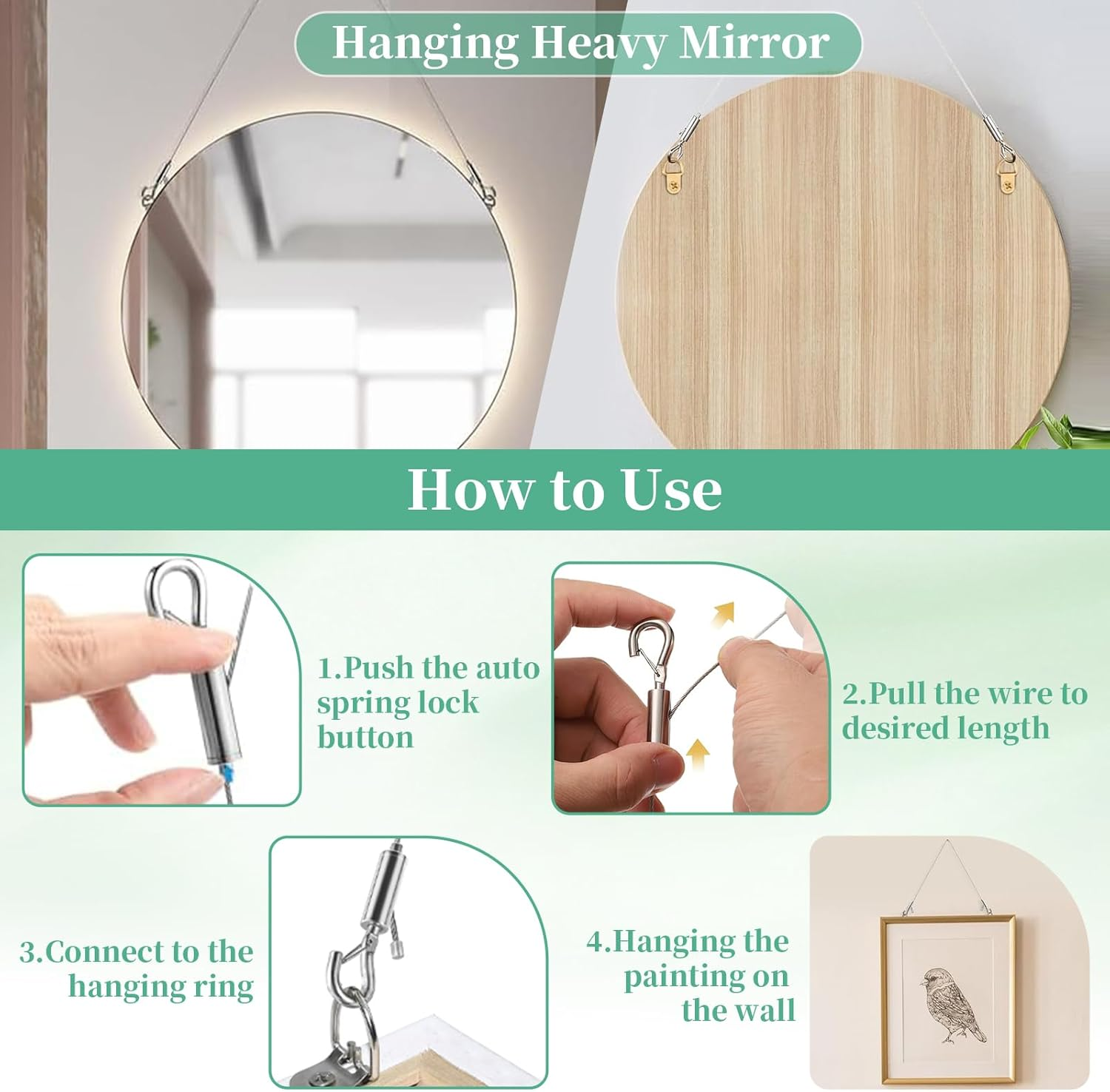 4 PCS Adjustable Picture Hanging Wire, Heavy Duty Stainless Steel Wire Rope Kit for Mirror Frames, Light Lamps, Billboards, Flowerpot &ndash; Durable Hanging Hardware for Home & Office (1.5Mmx2M) image number 2