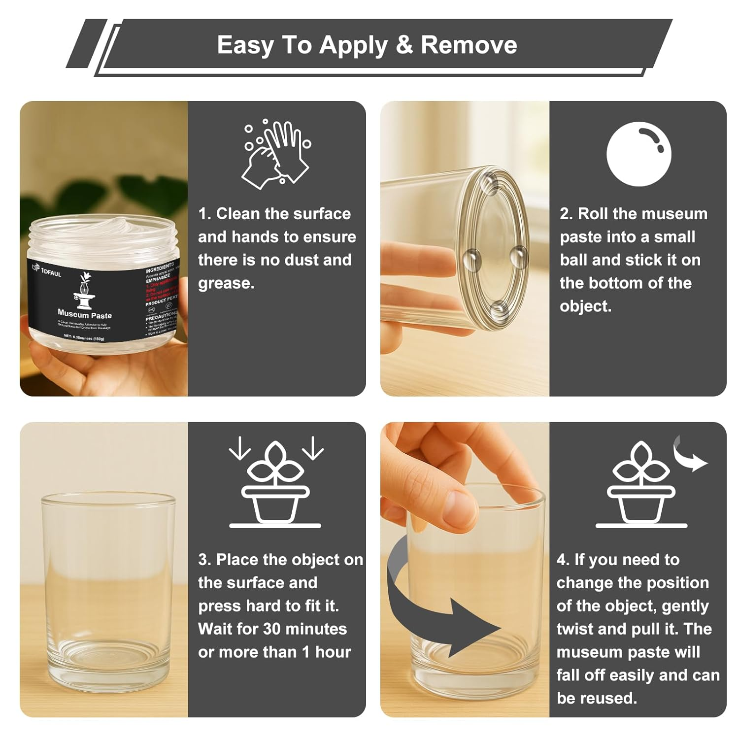 1DFAUL 6.35 Oz Exhibits Gel for Museum, Removable Clear Museum Paste Putty Wax, Reusable & No Residue, Fixed Collection Artifacts and Decorations to Prevent Vibration, Falling image number 6