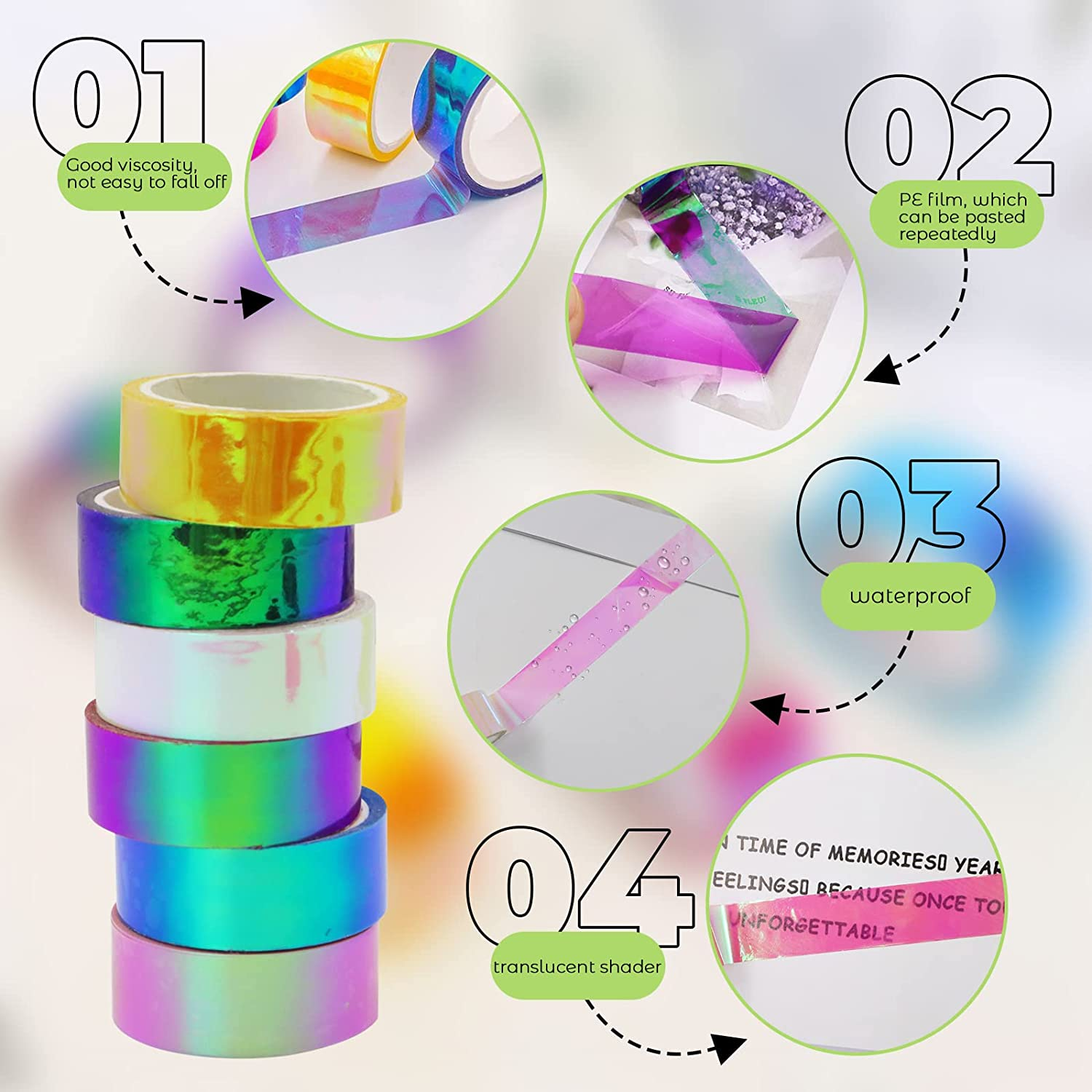 6 Rolls Holographic Tape 5M/196.8In, Assorted Colored Tape Set, Decorative Tape, Prismatic Glitter Tape Hoops for DIY Arts Crafts Decoration Scrapbooking Gifts Wrapping image number 5