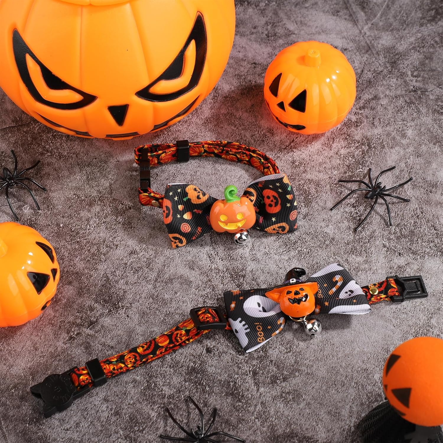 2Pcs Halloween Pet Collar, Cute Dog Collar Bowties Halloween Cat Collar with Bell Puppy Collar with Bow Tie Kitten Collar for Cats and Dogs(Pumpkins & Hooded Pumpkins) image number 2