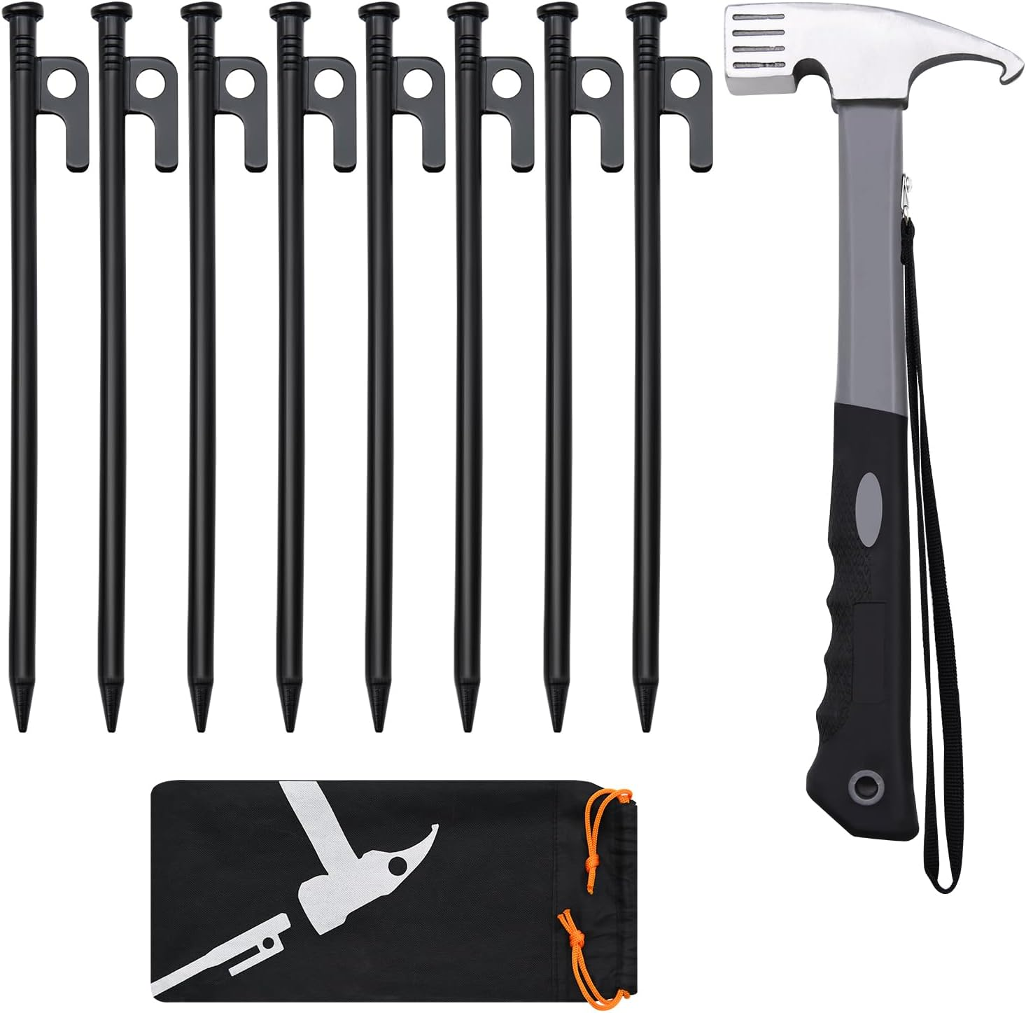 8Pcs Tent Stakes and Hammer Set, 12In Heavy Duty Forged Steel Tent Stakes + Camping Hammer + Storage Pouch, Available in Rocky Place