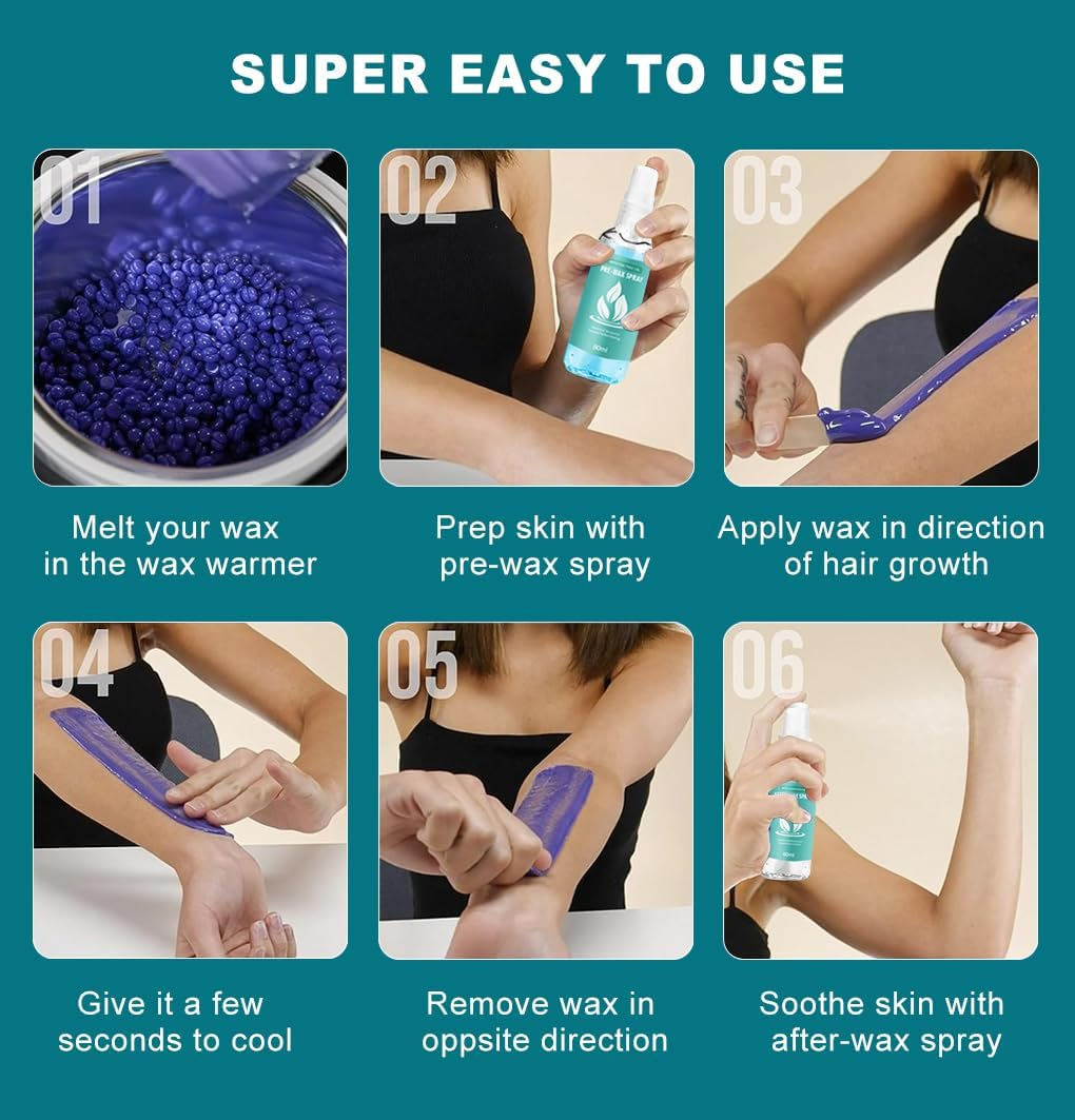 Vivva Waxing Kit, Wax Warmer Hair Removal Adjustable Temperature with 600G Hard Wax Beans and 20 Pcs Wooden Applicator Sticks Painless for Legs, Face, Underarm, Bikini (Black Kits) - Basic Set: Black  300G Lavender image number 6