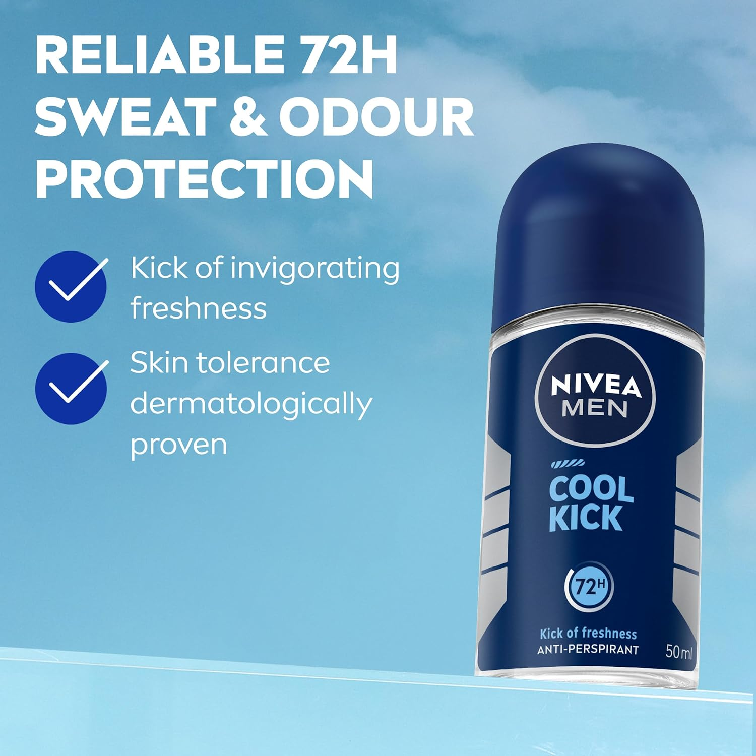 NIVEA MEN Cool Kick Anti-Perspirant Roll-On Deodorant 50Ml | 72-Hour Sweat Protection | Energising Formula | Prevents Body Odour | Long-Lasting Deodorant for Men (Pack of 3) image number 5