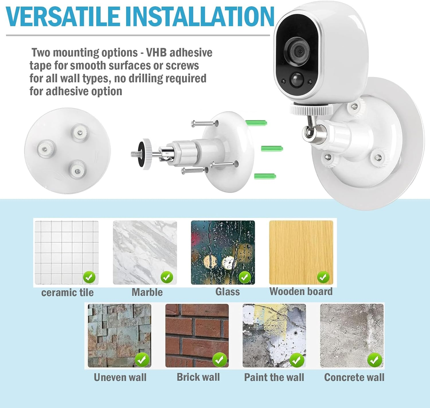 2Pack Adhesive Ring Camera Wall Mount, Mounting Bracket Stick up Mount 360 Degree Adjustable Screwless for Surveillance Camera,2 Ways Installation without Drilling image number 1