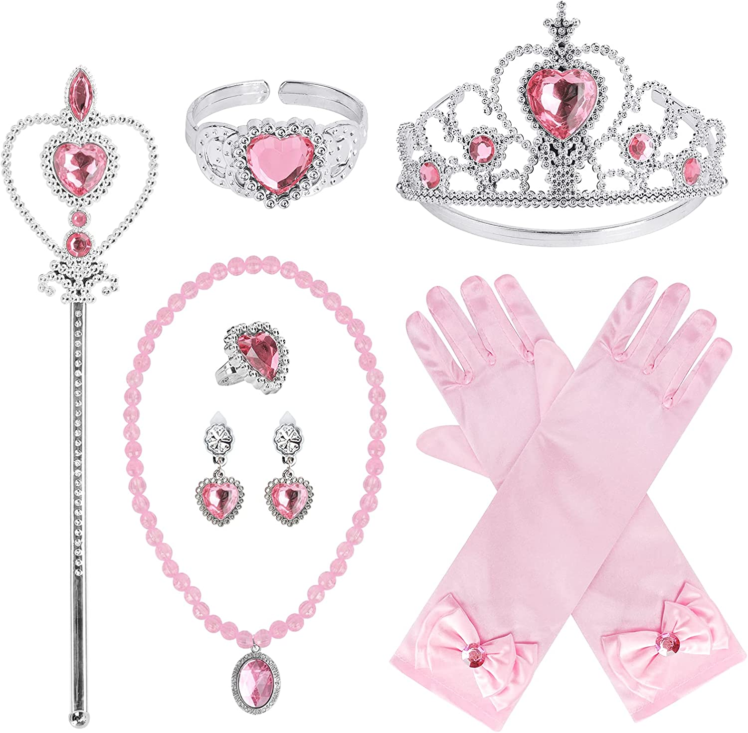 Princess Dress up Party Accessories for Princess Costume Gloves Tiara Wand Necklace Earrings Bracelet and Ring Gift Set 9Pcs