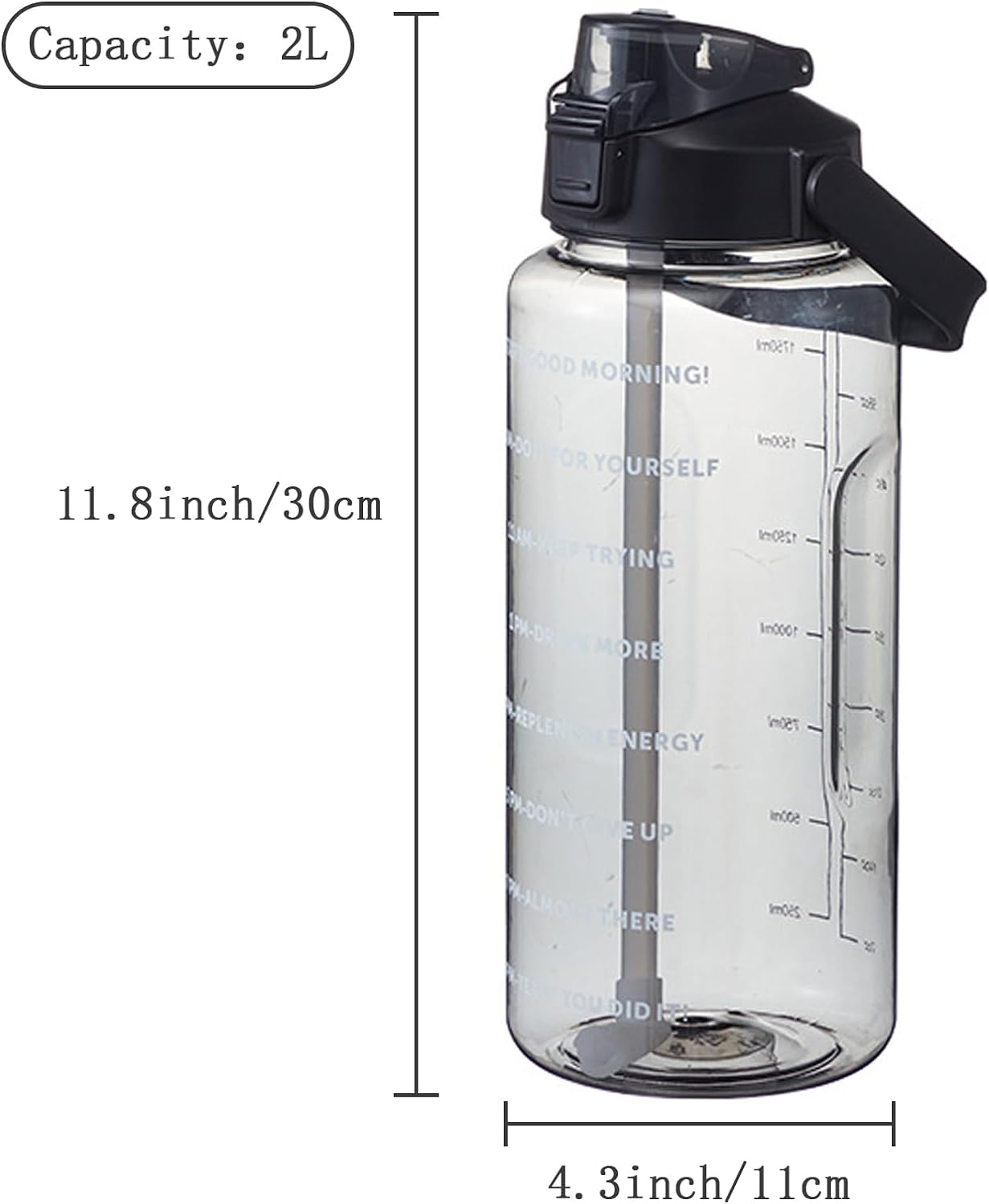 2L Large Water Bottle Black Half Gallon Water Jug, 68Oz /2 Liter Sports Gym Drink Container, Leakproof BPA Free Big Water Bottle with Handle & Straw & Time Marker for Outdoor Fitness