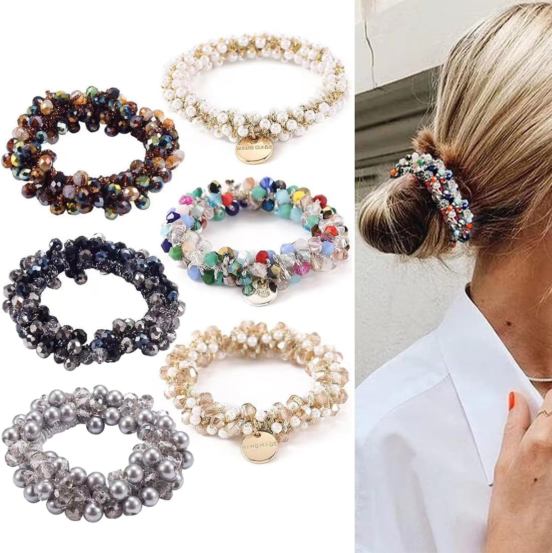 Bangbobi - Set of 6 Crystal Scrunchies - Women'S Hair Scrunchies with Beads - Elastic Hair Band - Hair Accessories for Women and Girls - Scrunchies Pearls Rhinestone - Suitable for Any Occasion image number 3