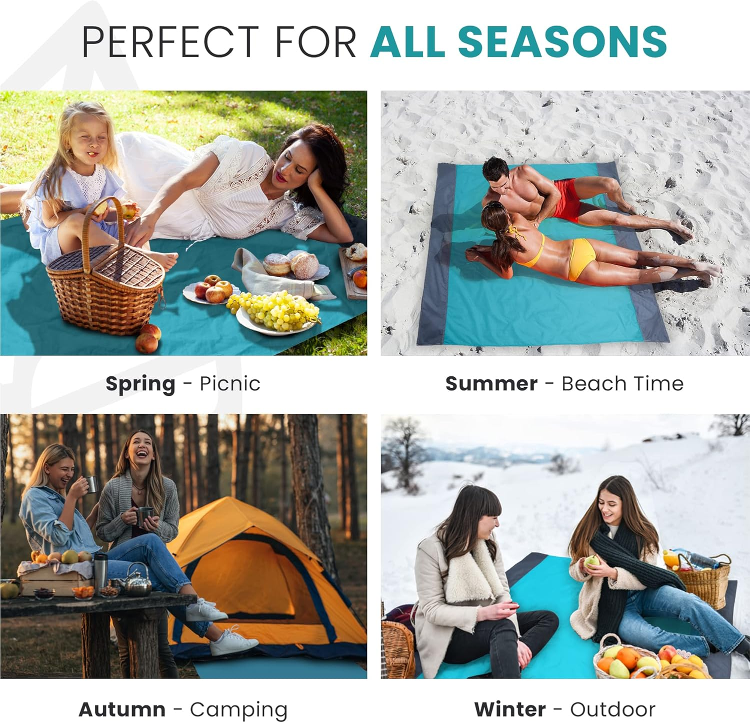 Beach Blanket Waterproof Sandproof - 80&rdquo;X74&rdquo; Beach Mat Sand Free Waterproof - Outdoor Picnic Blankets Beach Accessories Essentials with Durable Bottle Opener Compact Bag, Stake & Pouch (Green Gray)