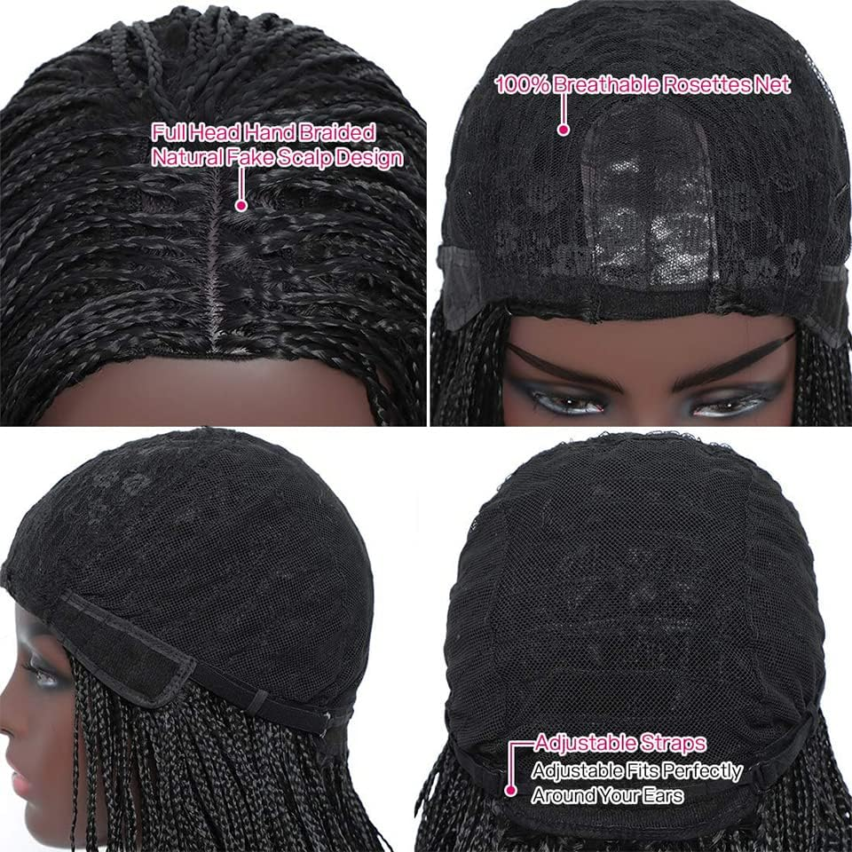 Czrleaty Knotless Braided Wigs for Black Women Heat Resistant Fiber Soft Synthetic Short Bob Box Braided Wig with Bangs African American Braided Wigs (22 Inches, Middle Part Black) image number 3