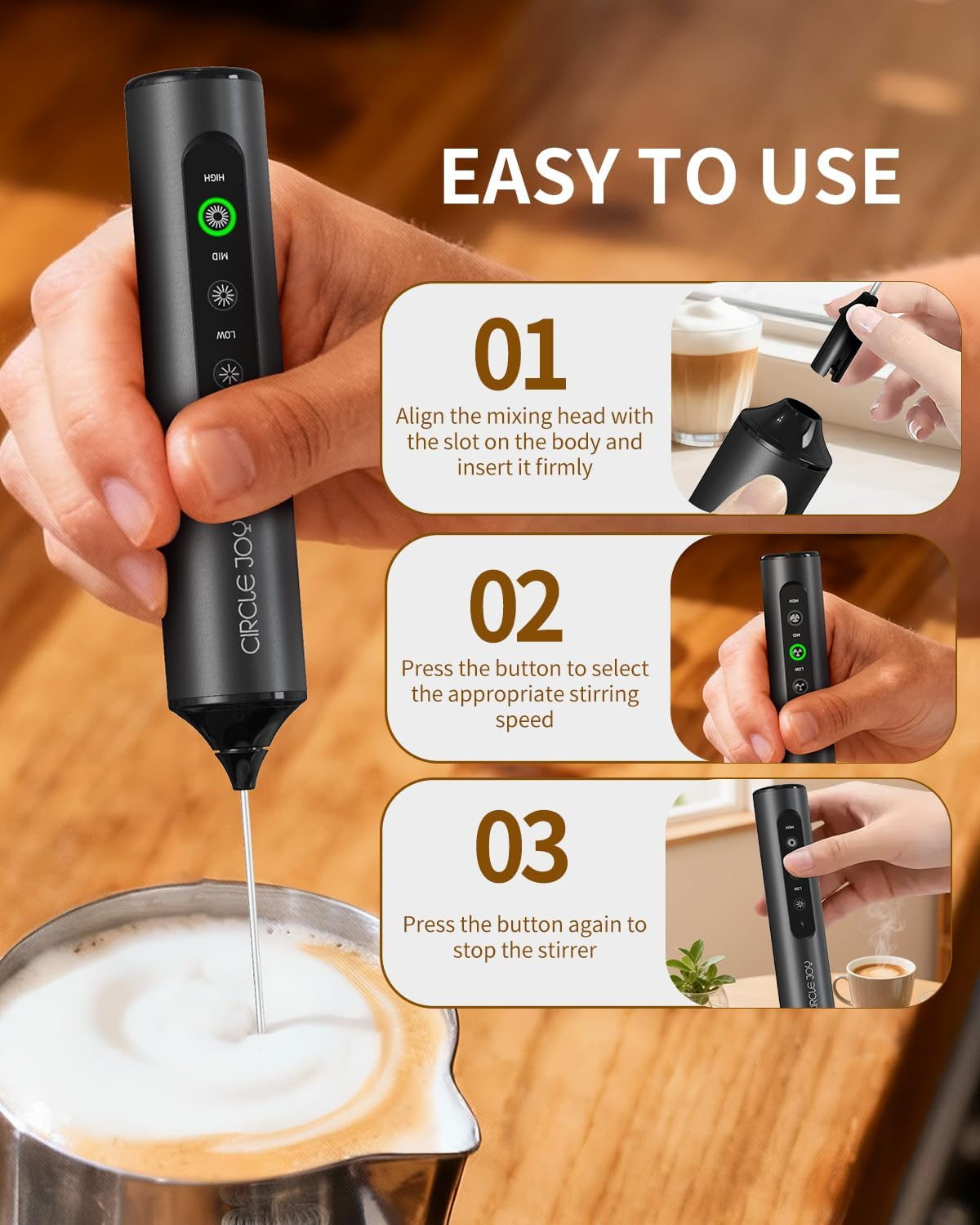 CIRCLE JOY Rechargeable Handheld Milk Frother Wand with 3 Variable Speeds, 3 Whisks and Storage Box, Electric Drink Mixer for Latte, Cappuccino, Hot Chocolate, Eggs and Protein Powder, Black image number 3