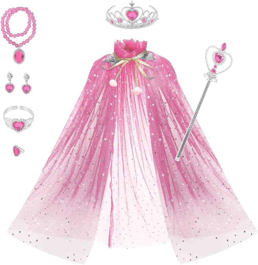 AUTOWT Girl Princess Costume - Shiny Cloak with Necklace, Jewelry, Headwear, Crown, Wand, Earrings, Bracelets, Rings - for Halloween, Christmas, Birthday