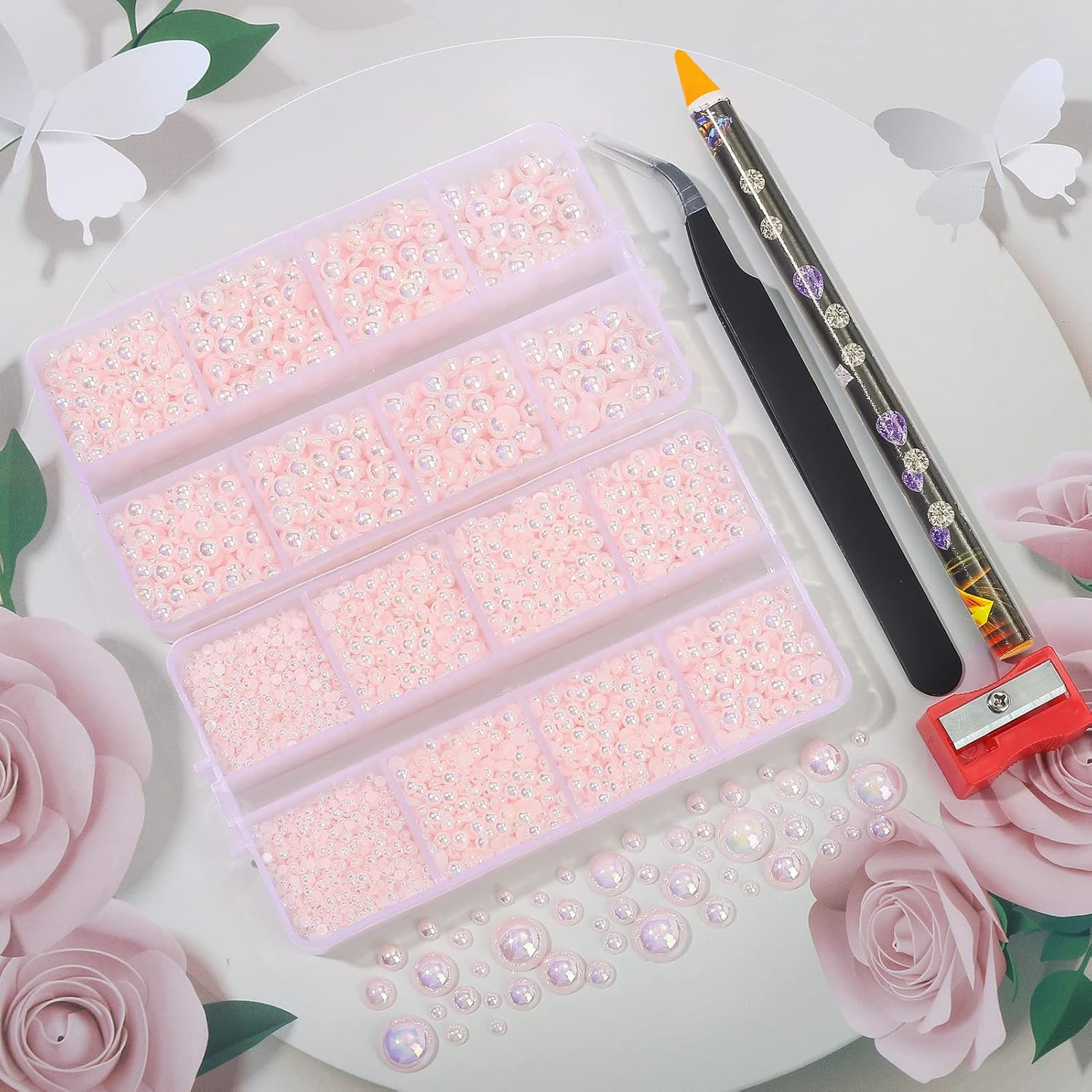 6540PCS Light Pink AB Resin Flat Back Pearls Rhinestones,Mixed Size 2/3/4/5/6/8/10Mm Half round Pearl Beads Nail Gems Rhinestone with Tweezers and Picker Pencil for Crafts Nail DIY Decoration - Black image number 7