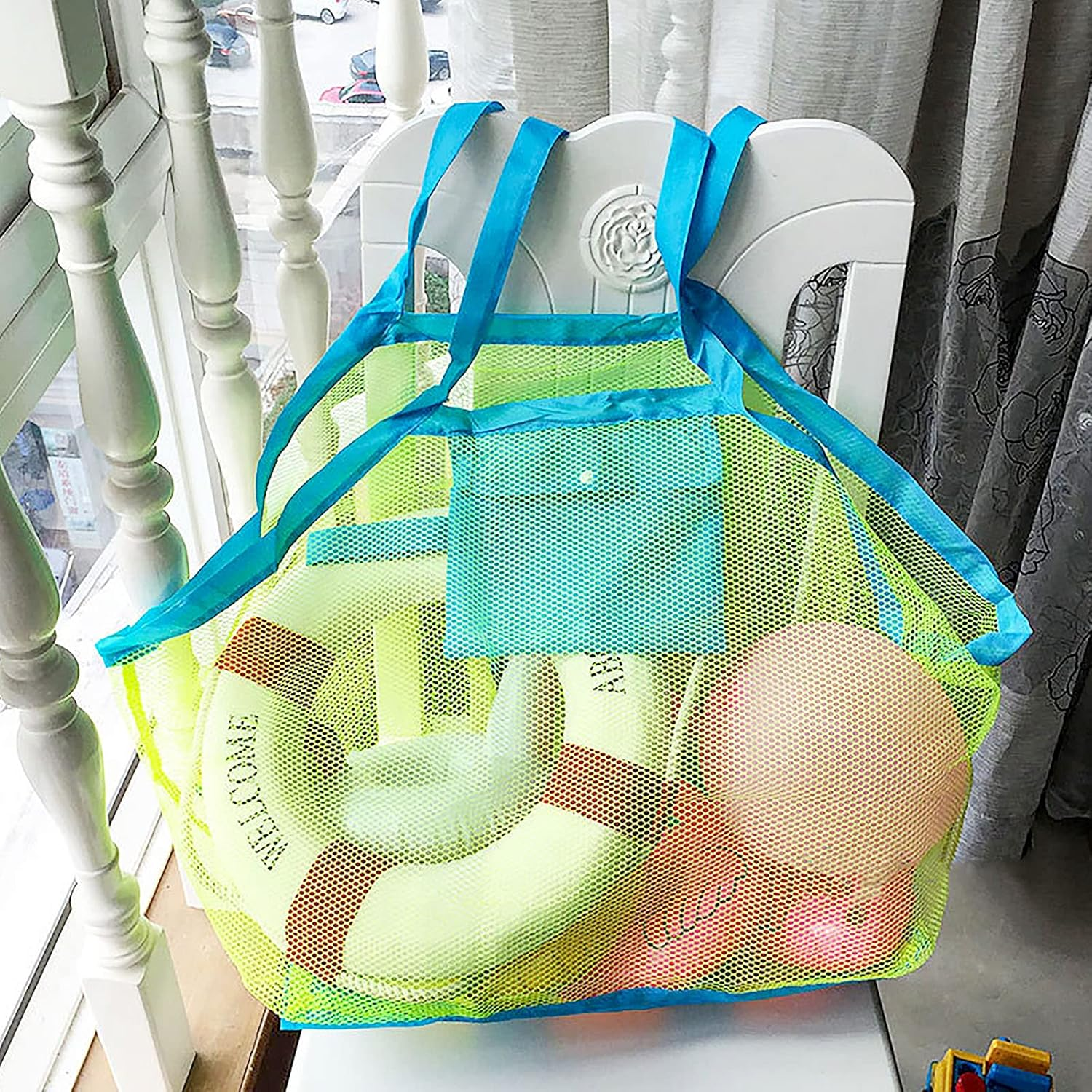 Mesh Beach Tote Bag, Extra Large Beach Bags, Kids Sea Shell Bags, Quick Dry Net Tote for Swimming Pool Travel Beach, Green, Large image number 5