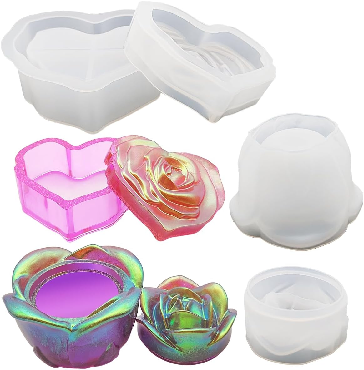 2 Pcs Rose Heart Jar Resin Molds with Lid, Finegood DIY Storage Box Resin Molds Silicone, Molds for Resin Casting Jewelry Candle Holder Candy Container image number 5