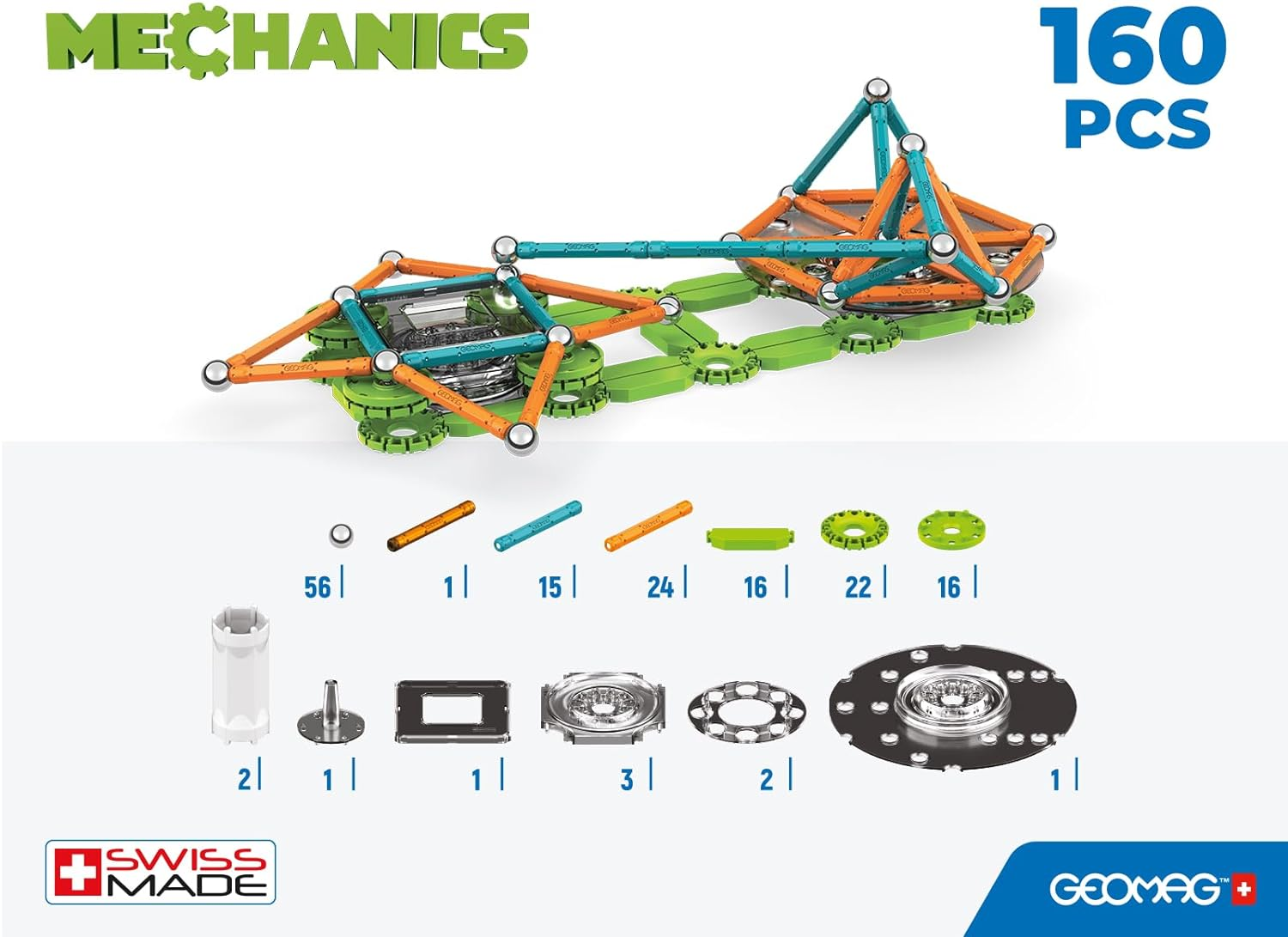 Geomag - Mechanics Motion Magnetic Gears - Educational and Creative Game for Children - Magnetic Building Blocks, Recycled Plastic - Set of 160 Pieces, Multi-Coloured, 768 image number 2