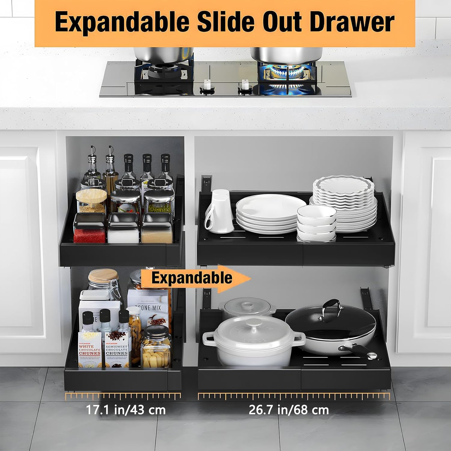 Pull Out Cabinet Organizer, Expandable Heavy Duty Slide Out Drawers Fixed with Adhesive Nano Film, Roll Out Shelf Storage for Kitchen Base Cabinet Organization,Pantry,Bathroom, Black 1Pcs(17.1"-26.7")