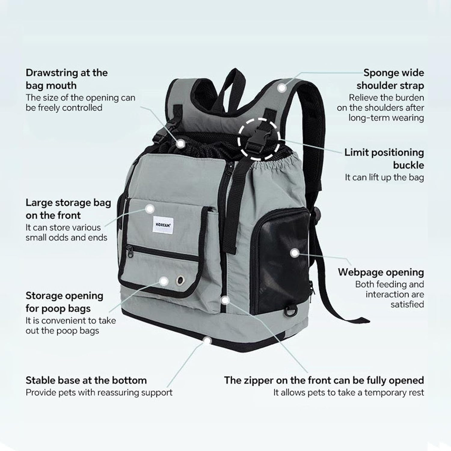 LIFEBEA Ergonomic Pet Carrier Backpack - Ventilated & Secure Front/Back Cat & Small Dog Carrier (Up to 7Kg) - Airline Approved Travel Bag with Escape-Proof Leash & Storage (Gray)