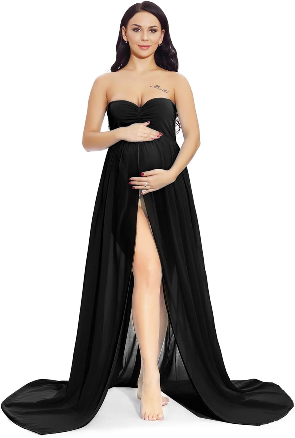 ZIUMUDY Maternity Chiffon Strapless Maxi Photography Dress Split Front Gown for Photoshoot