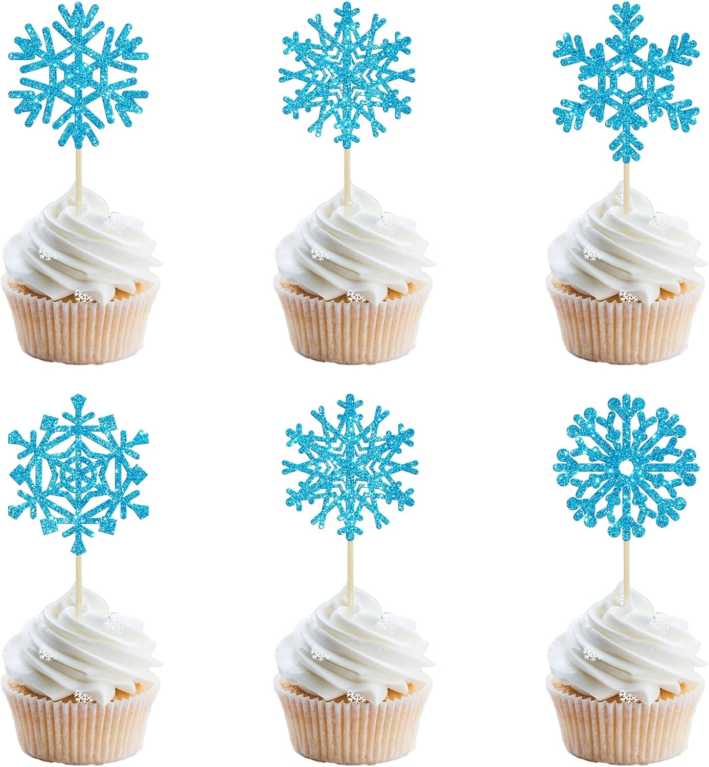 Gyufise 30Pcs Snowflake Cupcake Toppers Blue Glitter Winter Frozen Cupcake Picks Winter Wonderland Cake Decorations for Snowflake Winter Christmas Kids Birthday Party Supplies