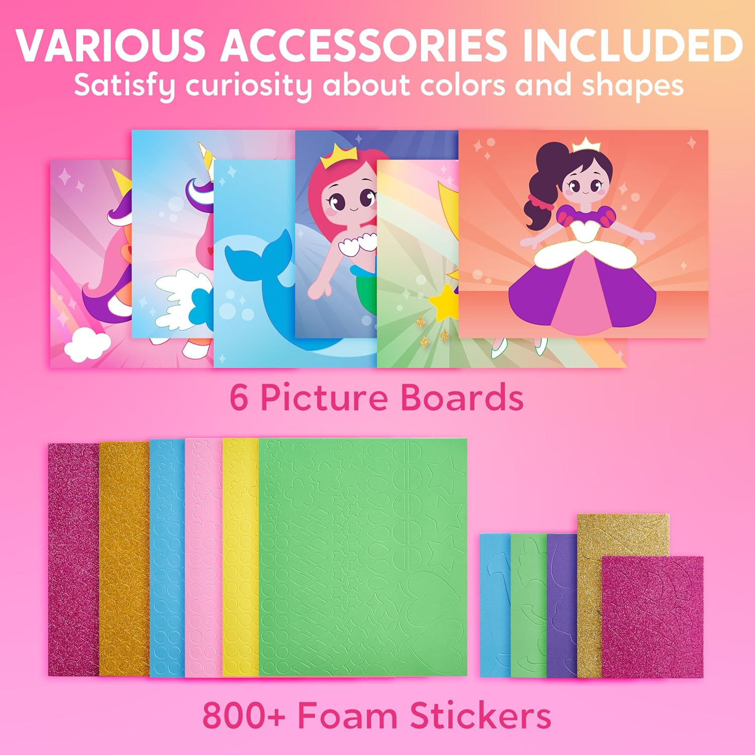 Klever Kits Foam Art Kit for Kids, EVA Foam Stickers with 6 Art Board and 800+ Stickers, DIY Arts and Crafts for Boys Girls Age 3+, Unicorns & Princesses Birthday Gifts Travel Toy image number 4