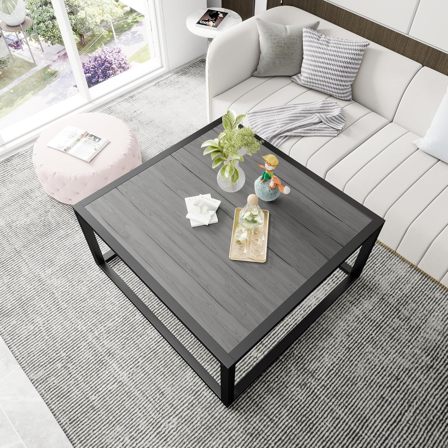 Diolong Square Coffee Table 2 Tier Wooden End Table, Central Table with Open Storage Space for Living Room, Modern Side Table, Grey image number 2