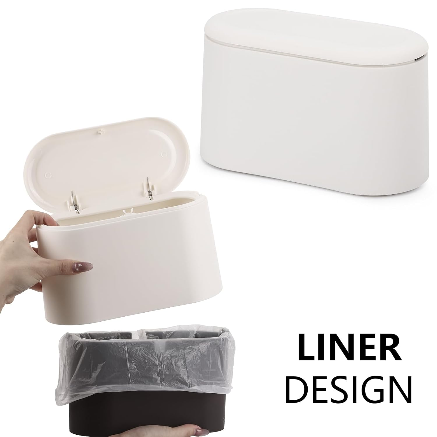 BTYMS Small Rubbish Bin with Lid and Bin Bags, 22 X 11 X 13 Cm, Removable Compact Waste Bin Pop-Up Countertop Garbage Can for Bathroom, Office, Kitchen, Desk (White) image number 5