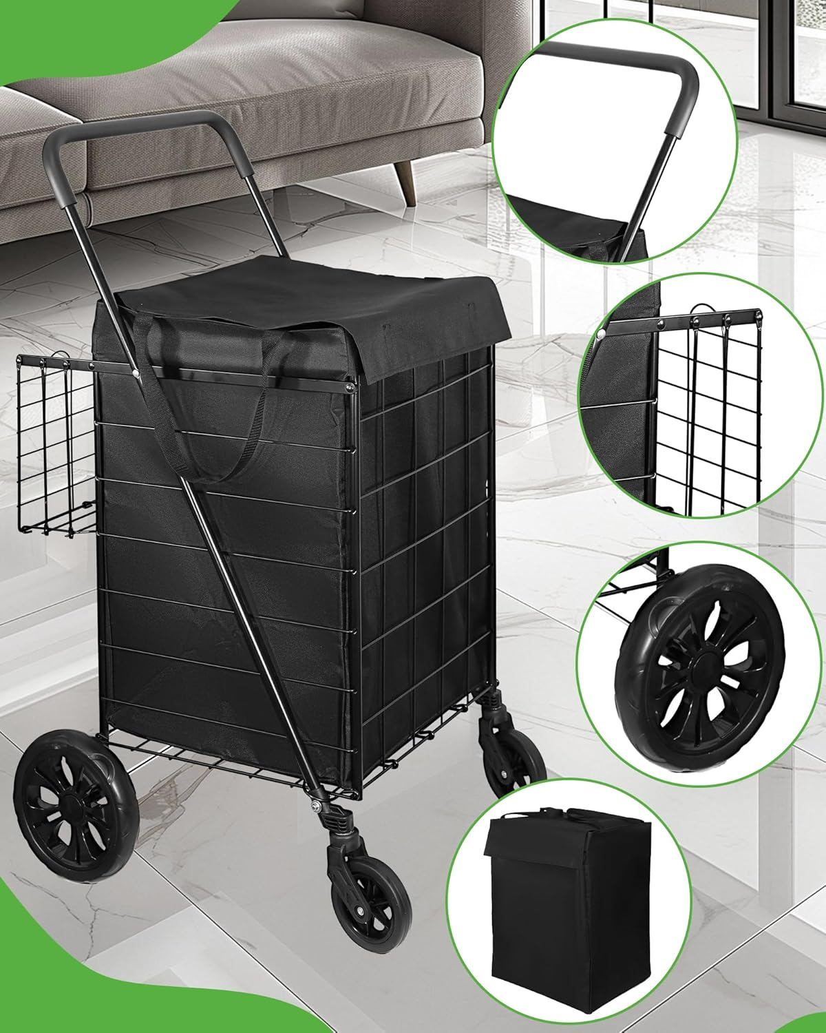 OASISCRAFT Foldable Shopping Cart with Waterproof Liner & 360&deg; Swivel Wheels | Collapsible & Lightweight Utility Cart for Groceries, Laundry, and More - Black image number 2