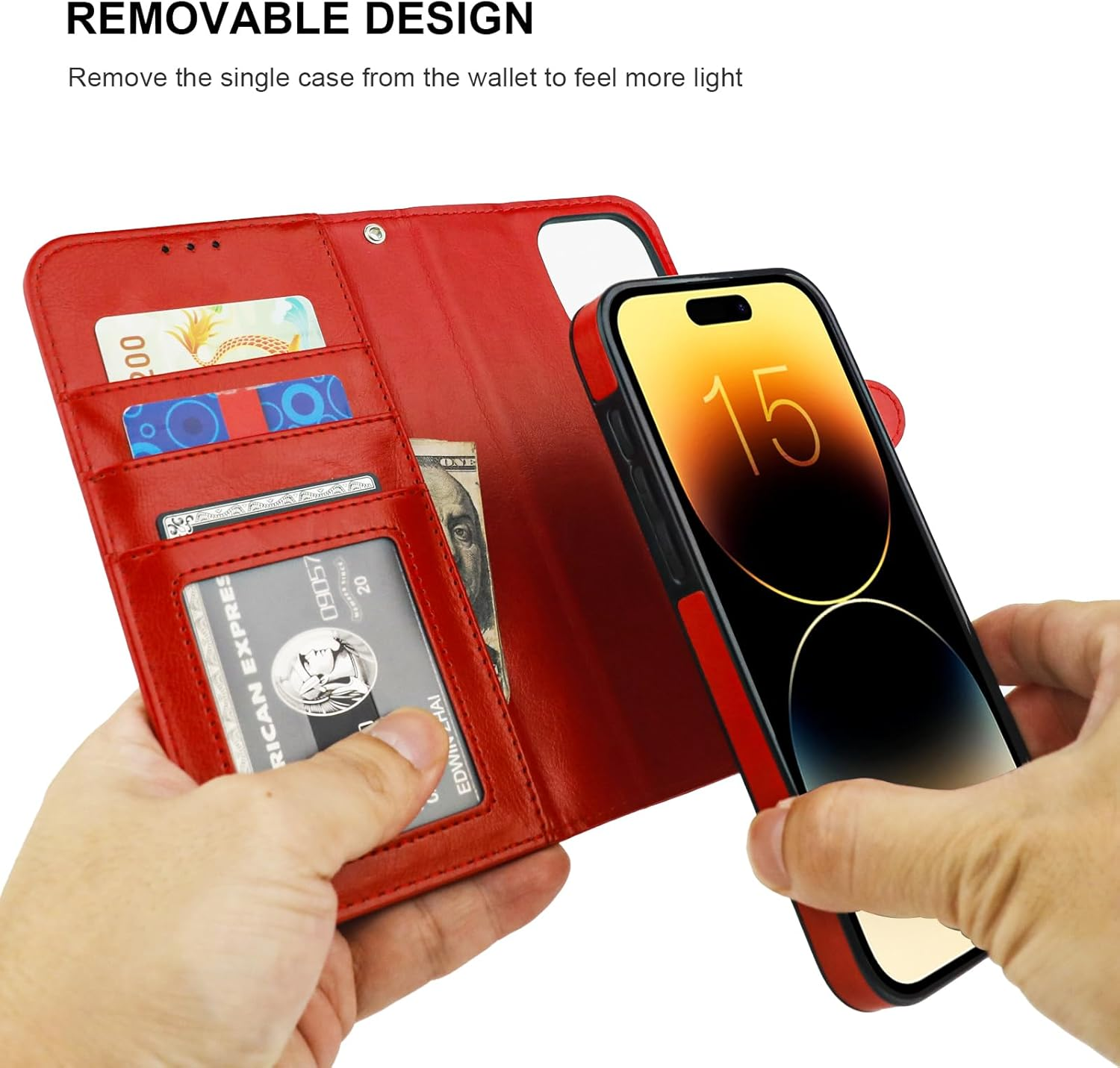 Bocasal Detachable Wallet Case for Iphone 15 Pro Max RFID Blocking Card Slots Holder Premium PU Leather Magnetic Kickstand Shockproof Wrist Strap Removable Flip Protective Cover 5G 6.7 Inch (Red) - Black image number 5