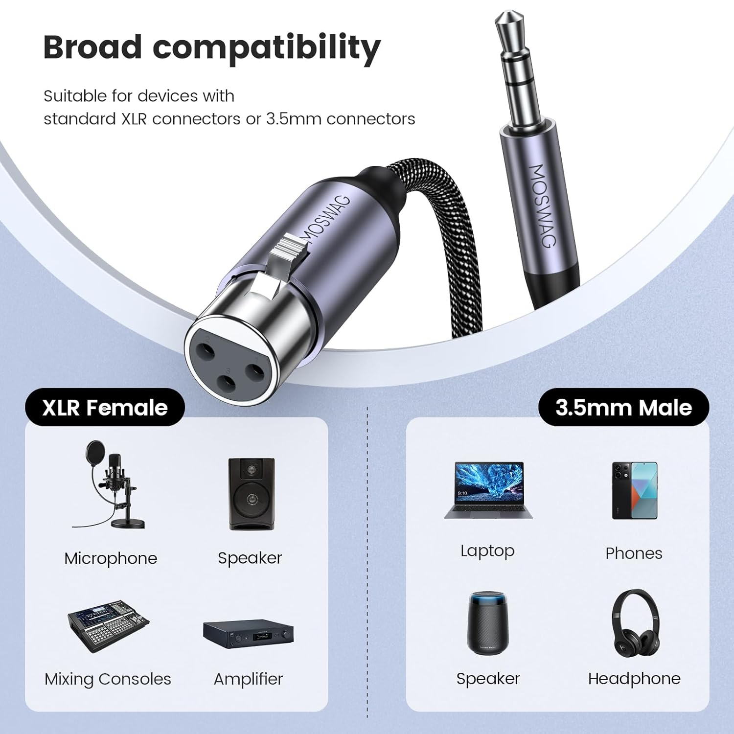 MOSWAG 3.5Mm to XLR Female Cable 3FT, 1/8 Inch to XLR Female Cable, 1/8 Inch TRS to XLR Female 3 Pin Microphone Cable, Balanced Stereo(1/8 to XLR) Compatible with Computer, Speakers, Microphone, Etc image number 5