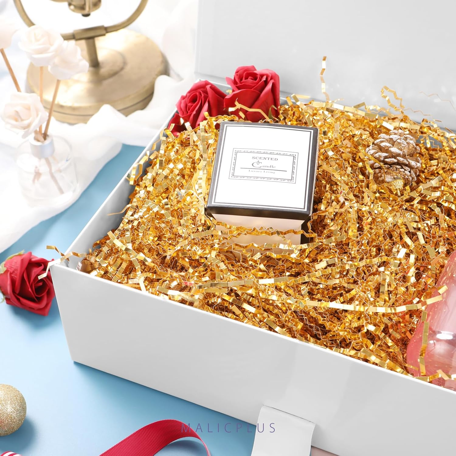 MALICPLUS Large Gift Box with Ribbon 34X22.5X10 CM, White Bridesmaid Proposal Box, Luxury Magnetic Gift Box for Valentine Day (Glossy) image number 1