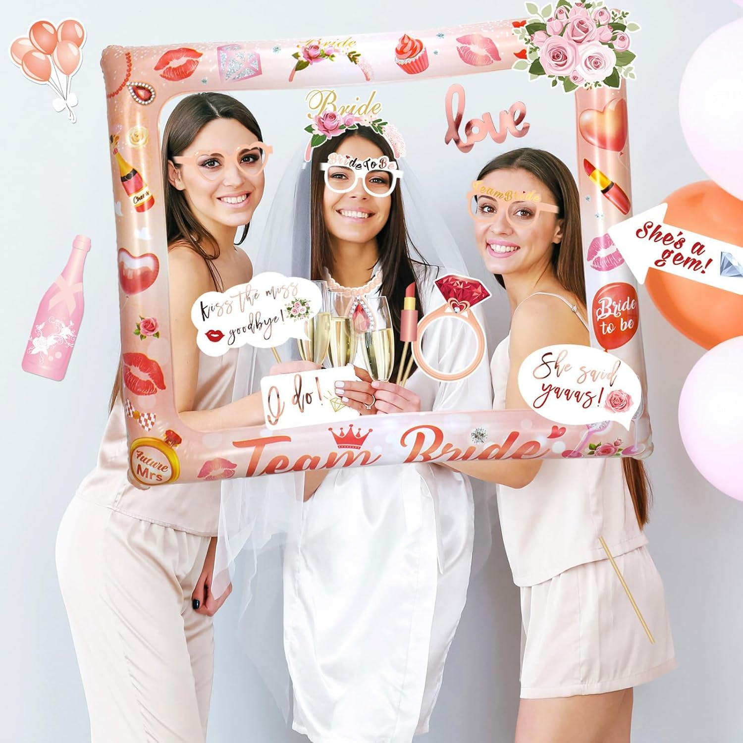 Hapurs 23Pcs Rose Gold Hen Party Photo Booth Props - Giant Inflatable Team Bride Selfie Frame & Hen Night Do Party Games Accessories (Style A) image number 4