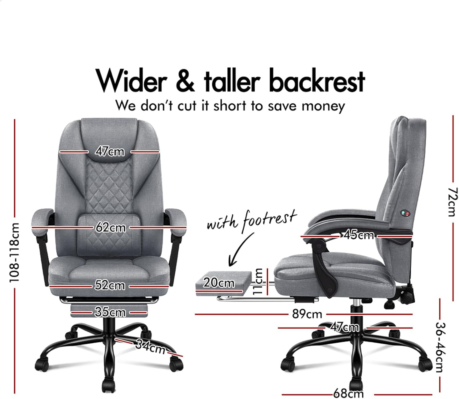 ALFORDSON Avery Fabric Grey Office Chair with 150&deg; Recline & 2-Point Massage, Ergonomic Computer Desk Chair with SGS Approved Gas-Lift, Executive Home Desk Chair Video Game Chair