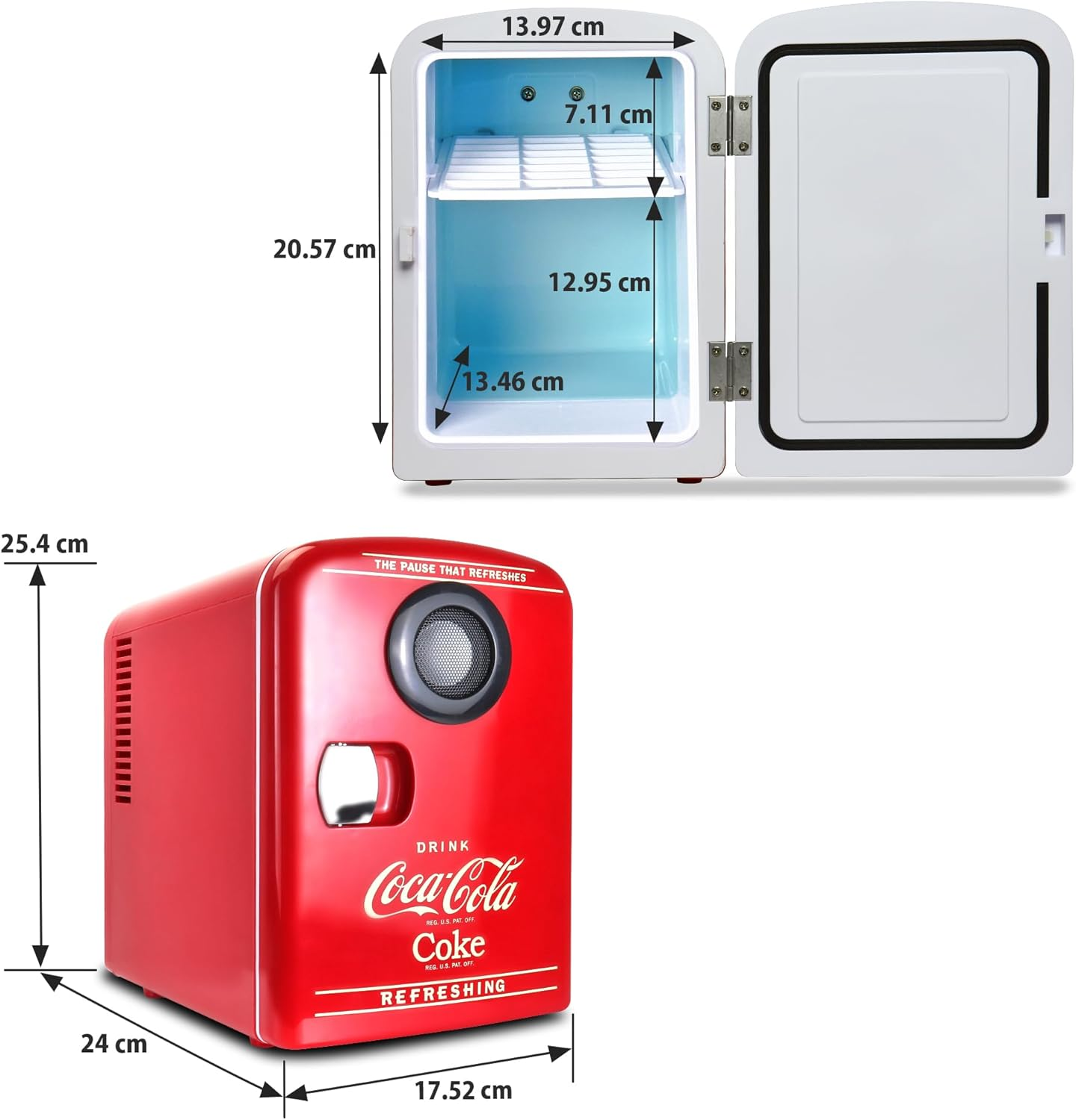Coca Cola Mini Fridge - Refrigerator for Bedroom Skincare Office, Portable Table Top Beverage Cooler 12V DC/220V AC Refrigerador for Drink, Soda, Wine, Use in Car, Dorm, Patio, Bluetooth, 6 Can image number 4