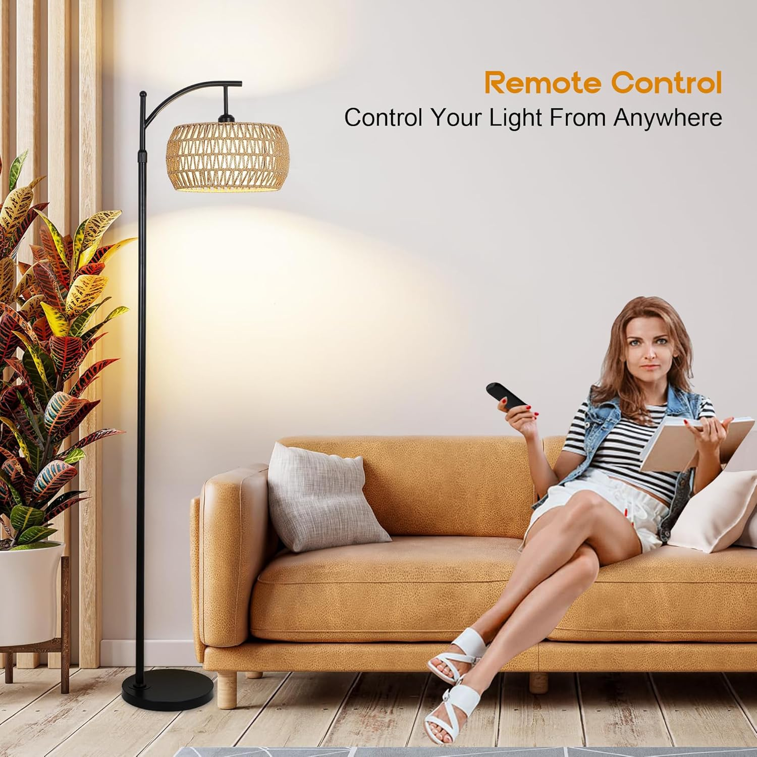 TUXOIUBA Smart Floor Lamp with Rattan Shade, 165-185Cm Adjustable Height, Remote & App Control, Dimmable LED with Timer image number 6