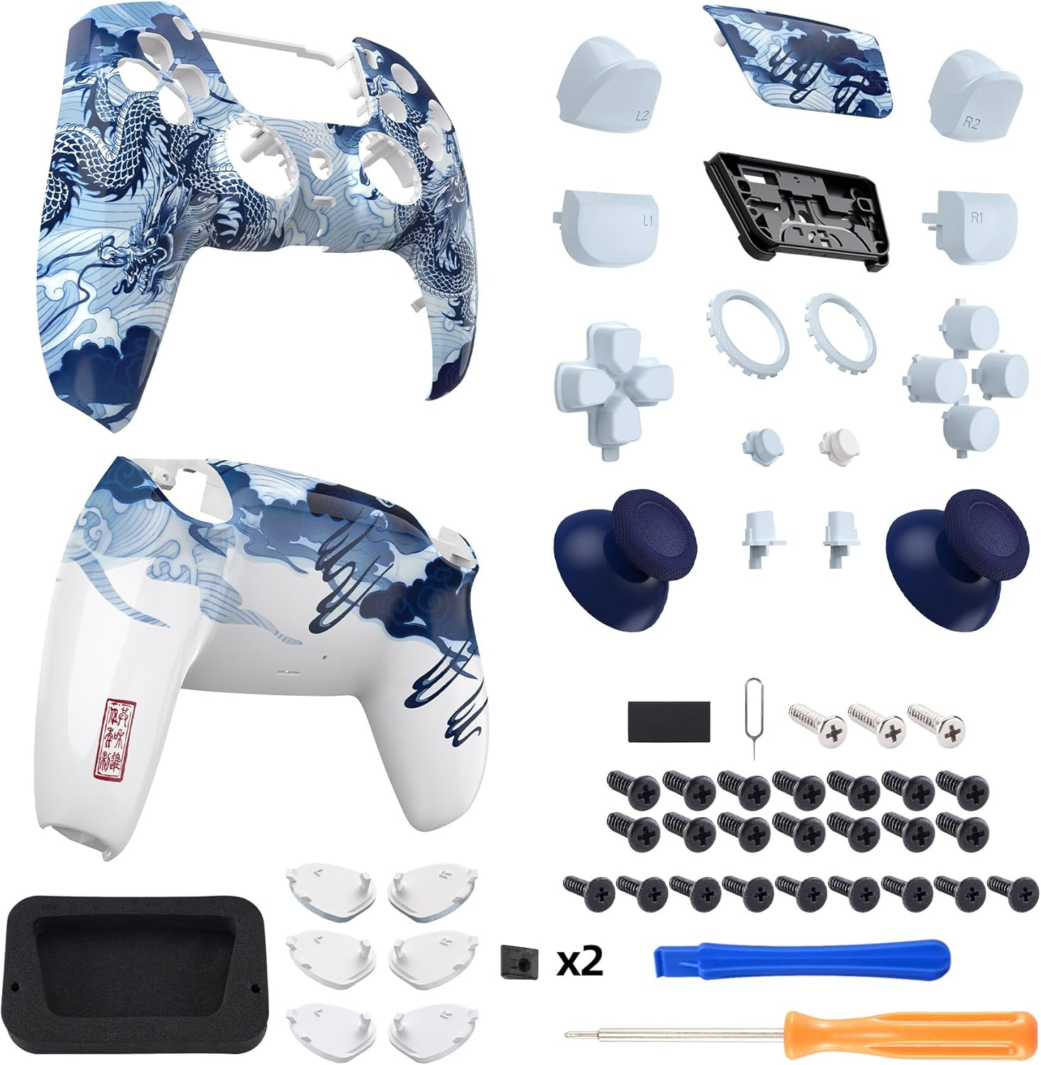 Extremerate Luna Redesigned Full Set Shell Buttons Touchpad Cover Compatible with Ps5 Controller BDM-030 BDM-040 BDM-050, Porcelain Dragon Replacement Top Bottom Cover Compatible with Ps5 Controller image number 2